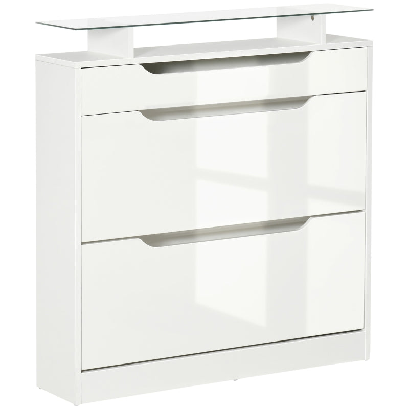 Shoe Storage Cabinet with Slide Out Drawer, 2 Flip Doors, Tempered Glass Top, Adjustable Shelves for 16 Pairs, White