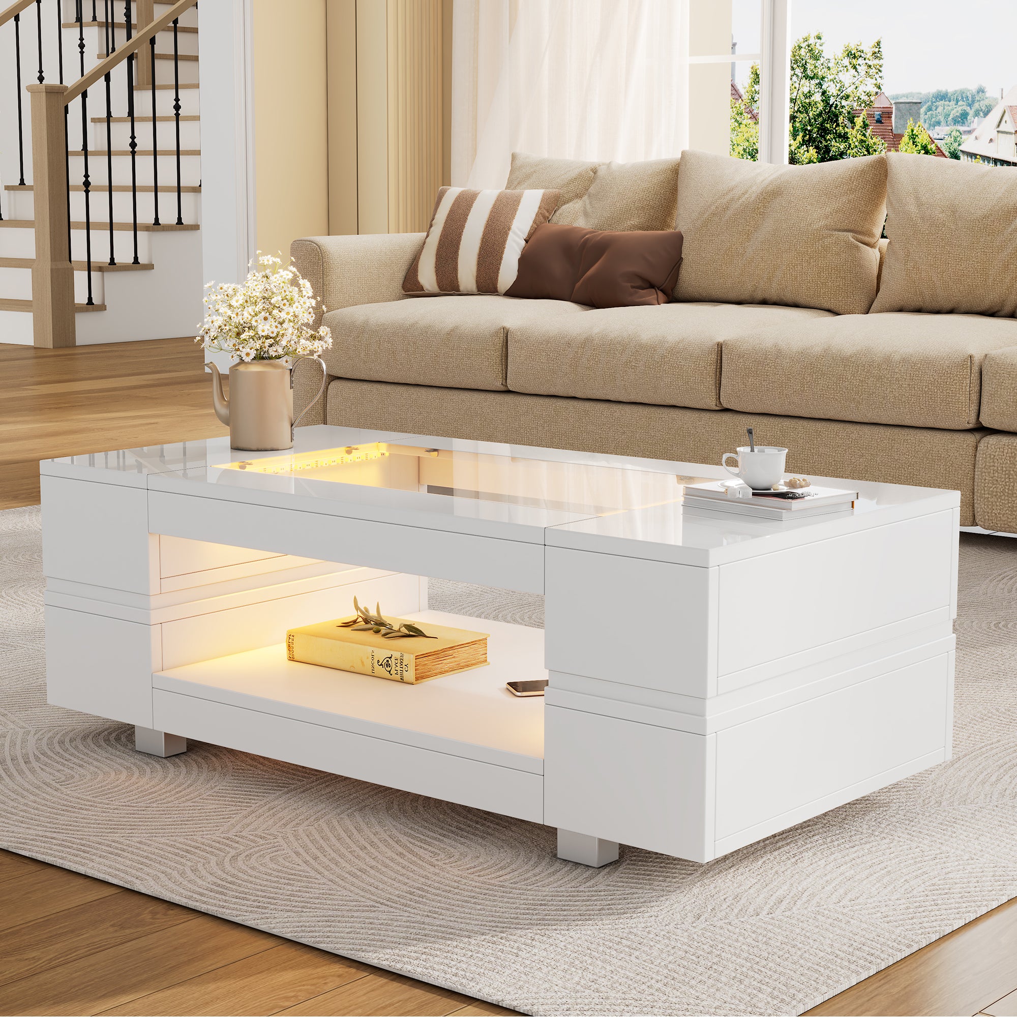 Hollow Coffee Table with Open Storage LED High Gloss Glass Top, White MDF+Glass