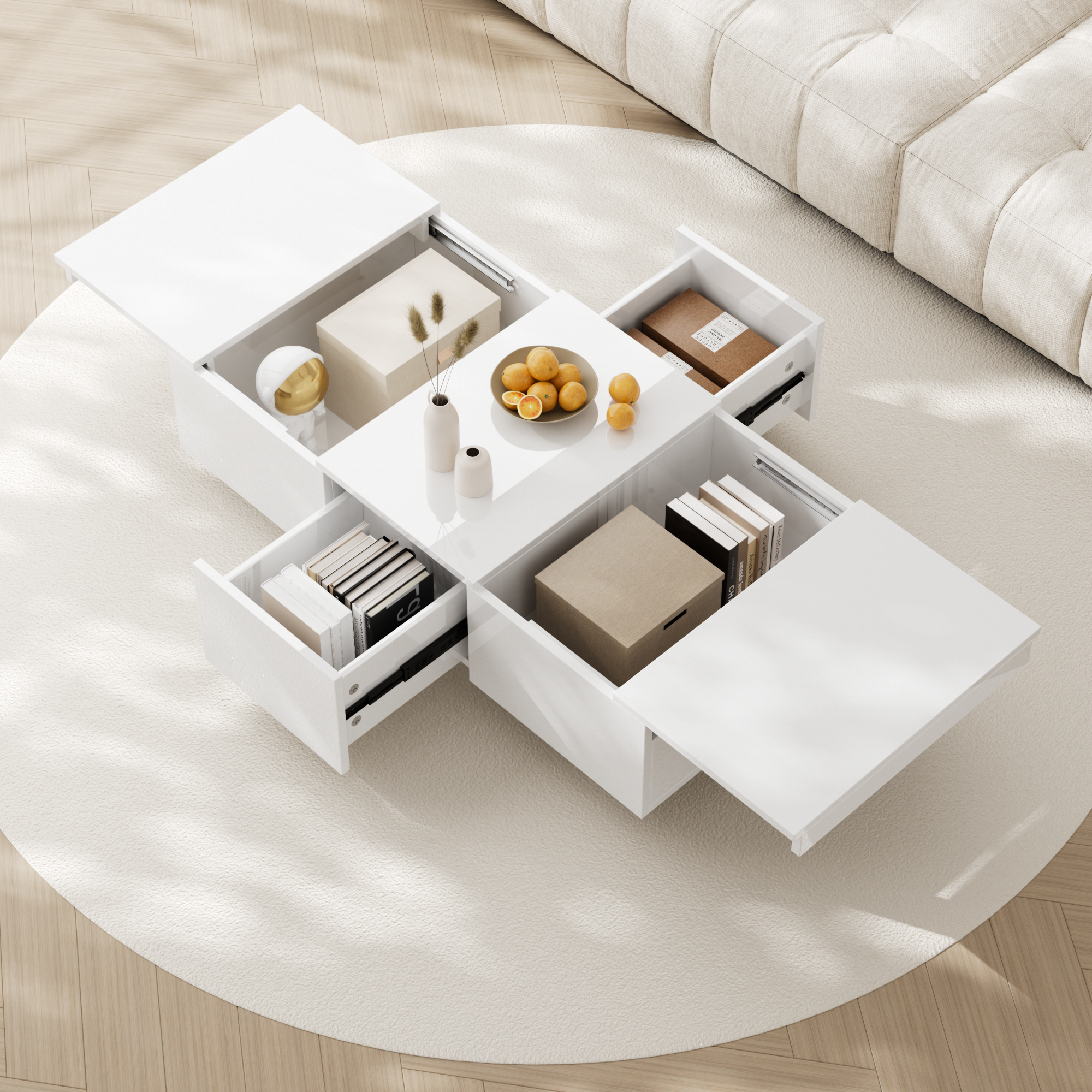 Coffee Table, High-Gloss Living Room with Push-Pull Storage, White