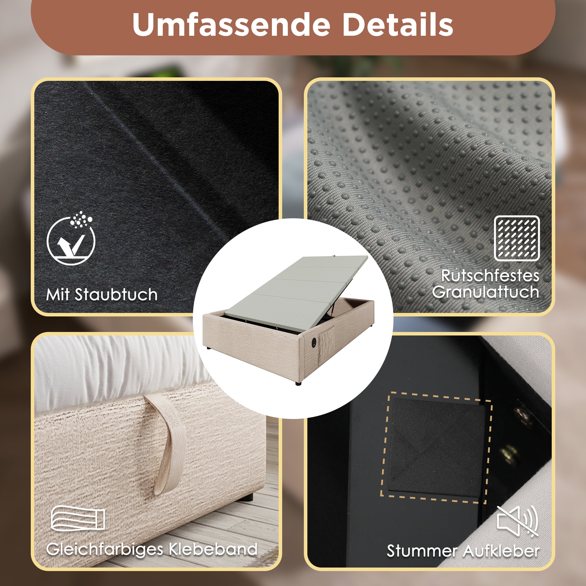 Upholstered Single Bed 90×200 cm Storage Frame USB-C Slatted Base, Linen Natural