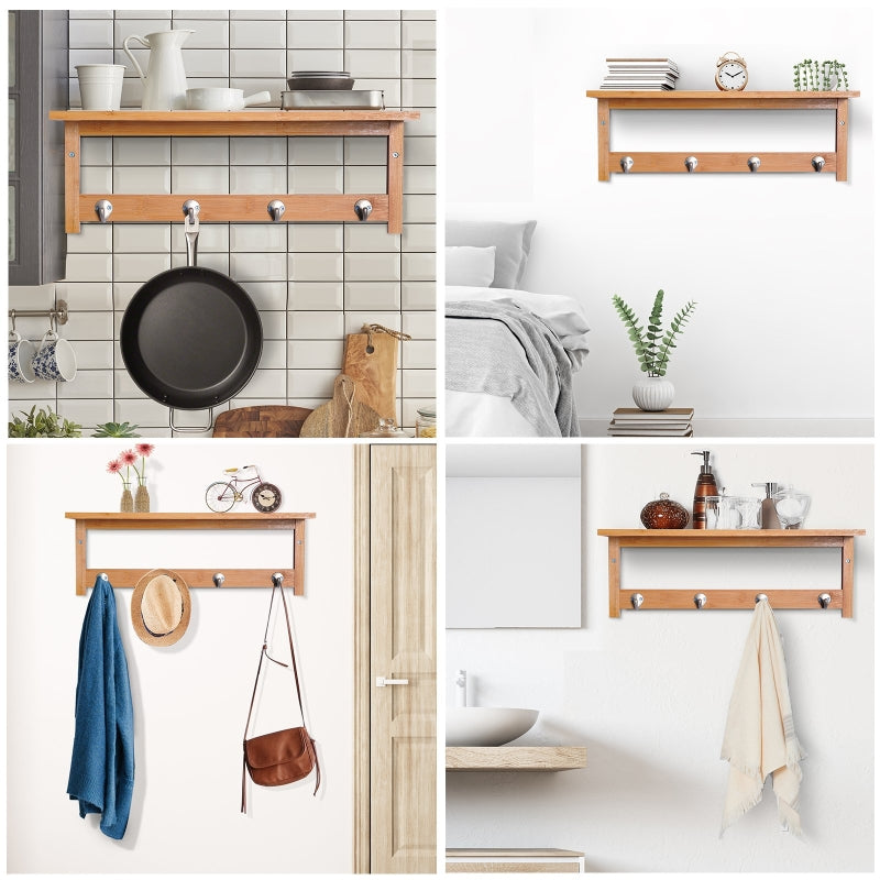 Wall-Mounted Coat Rack with Hooks, Space-Saving, Natural Wood