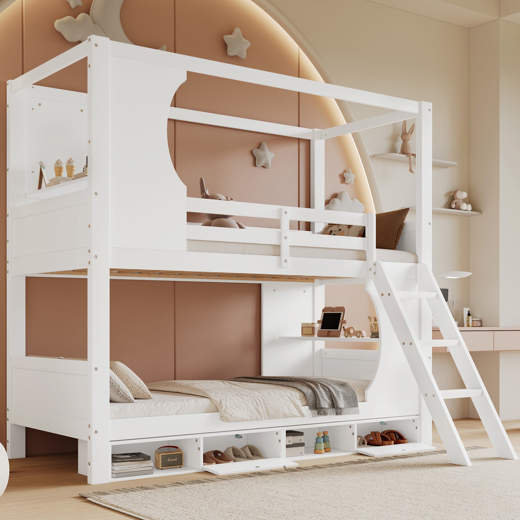Bunk Bed with Safety Gate, Table, Shoe Cabinet, Ladder, Pine+MDF+Plywood, White