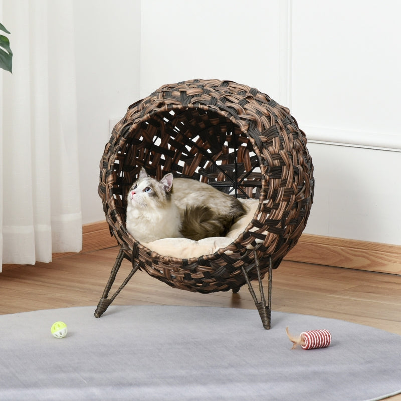 Rattan Cat House with Cushion, Raised Feet, Brown