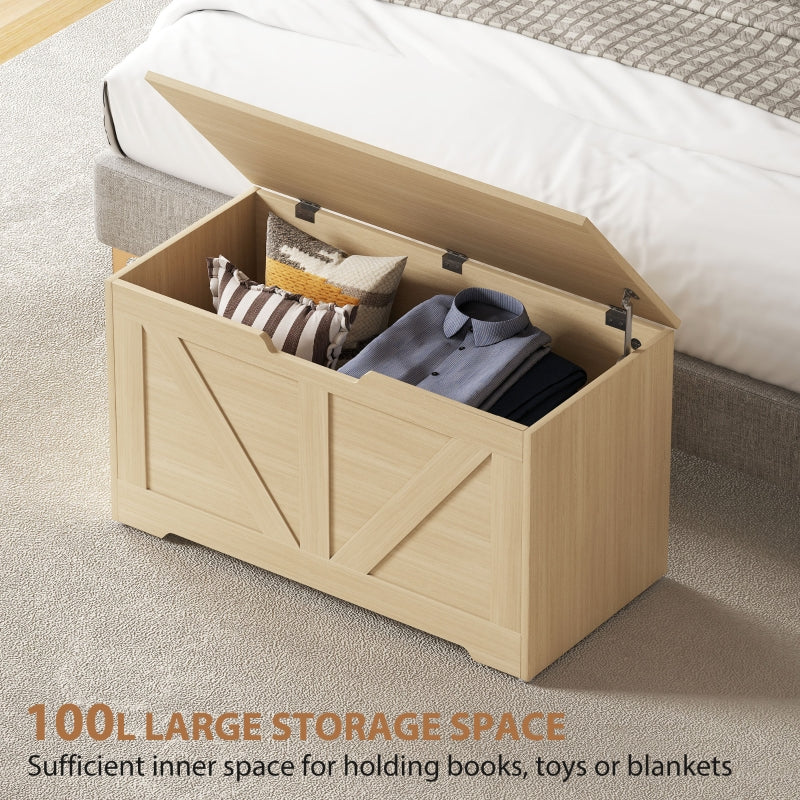 Home Storage Box 100L with Safety Hinges, Natural Wood Finish