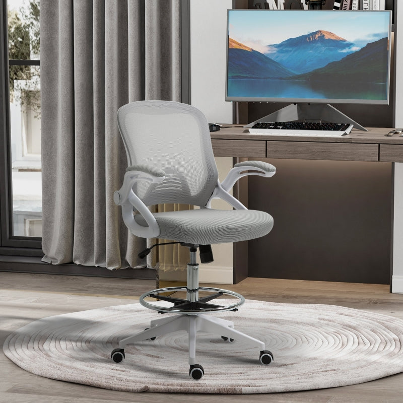 Vinsetto Office Chair, Ergonomic Desk with Folding Armrests, Adjustable Footrest, Swivel, Mesh Light Grey