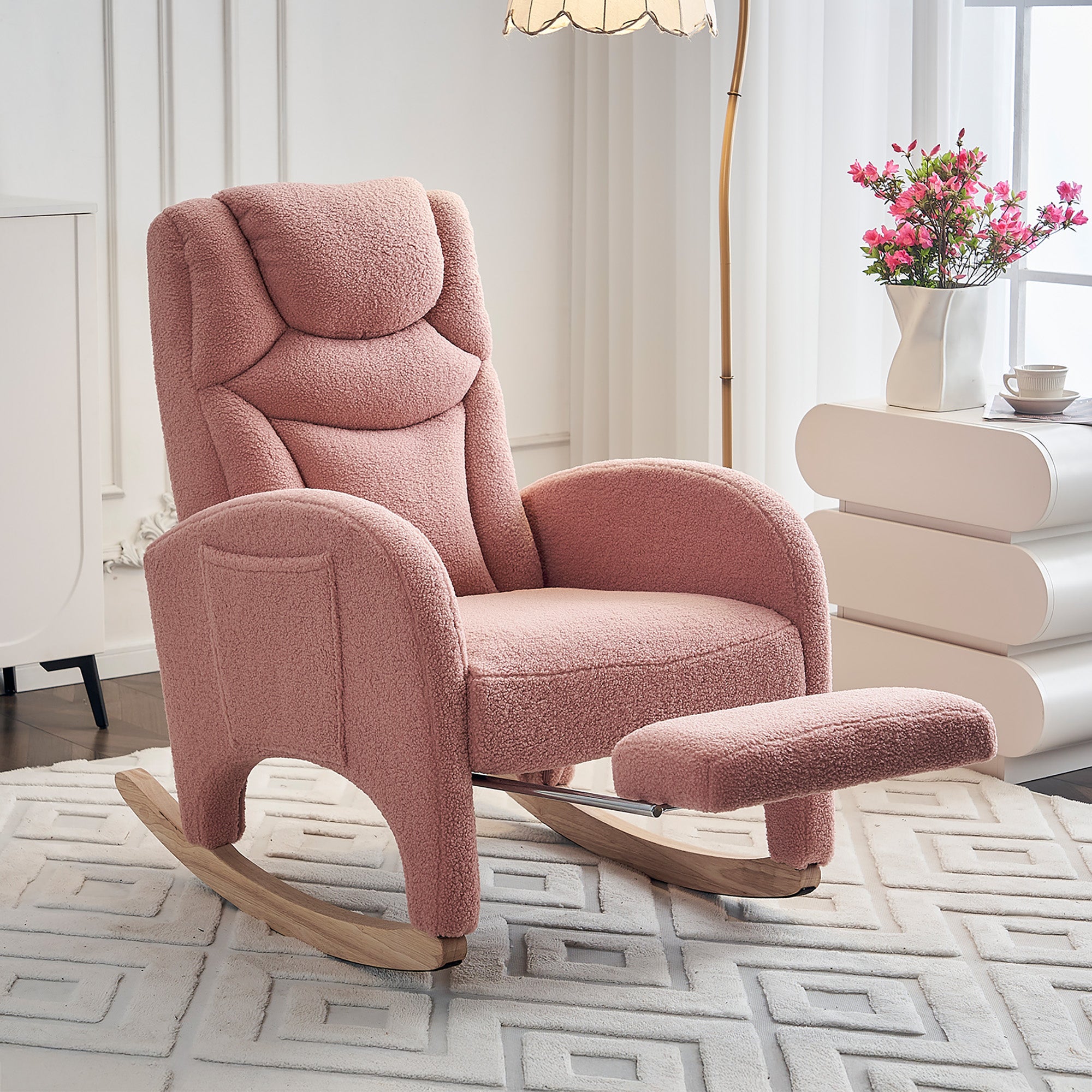 Rocking Chair, Upholstered with Armrest, Accent for Bedroom, Pink Teddy Fabric