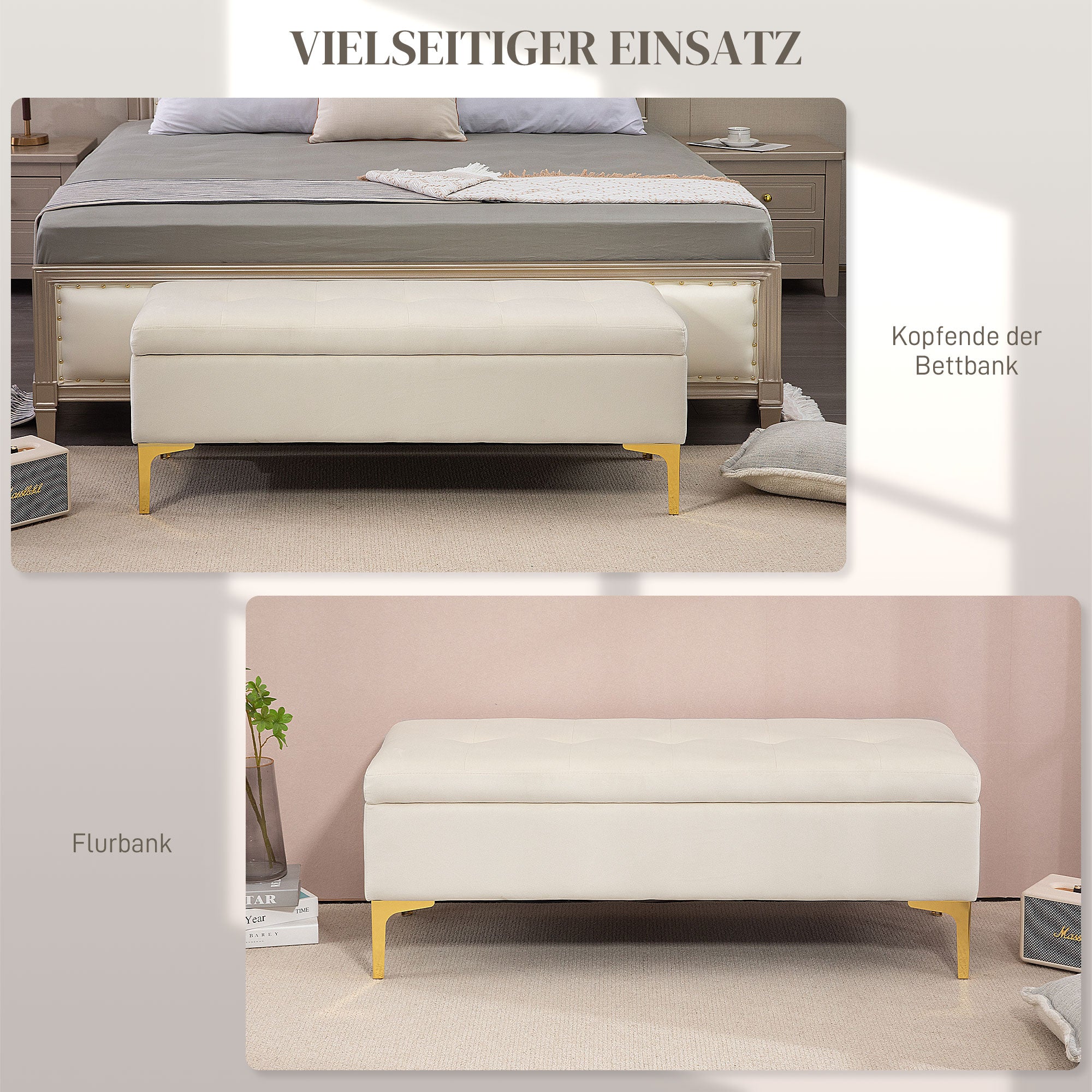 Storage Bench Upholstered Metal Legs, Velvet Look Beige