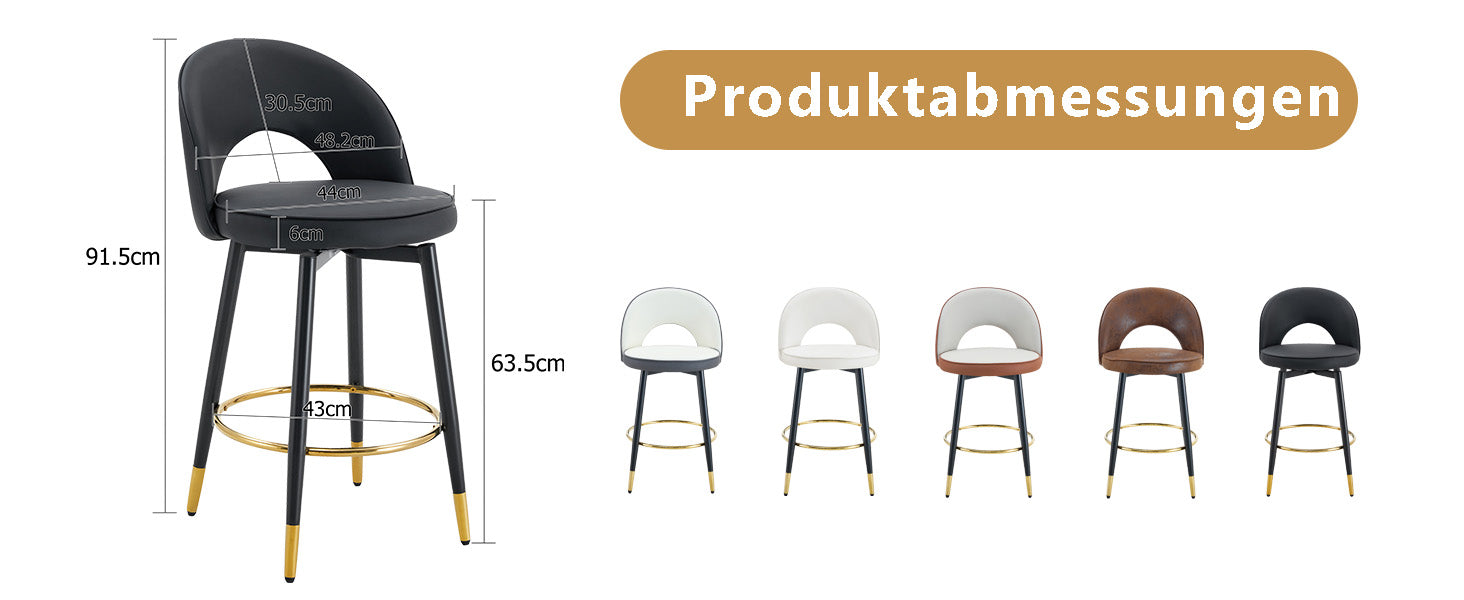 360° Swivel Bar Stool, Padded Seat with Openwork Backrest, Set of 2, Black PU Leather and Metal