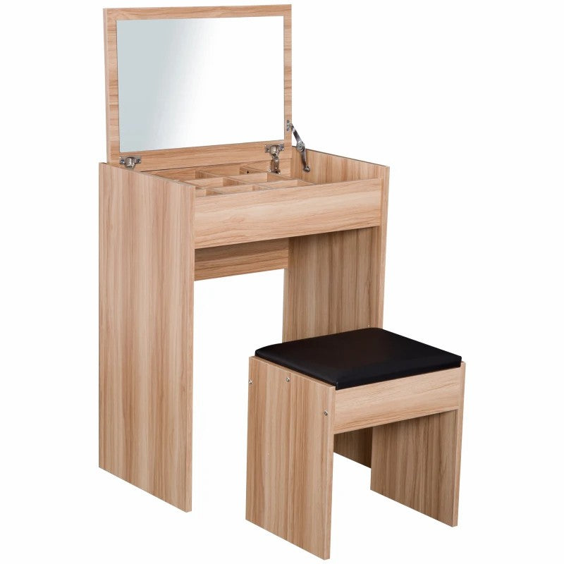 Dressing Table with Mirror and Stool, Flip Up Mirror Storage Padded Seat, Wood