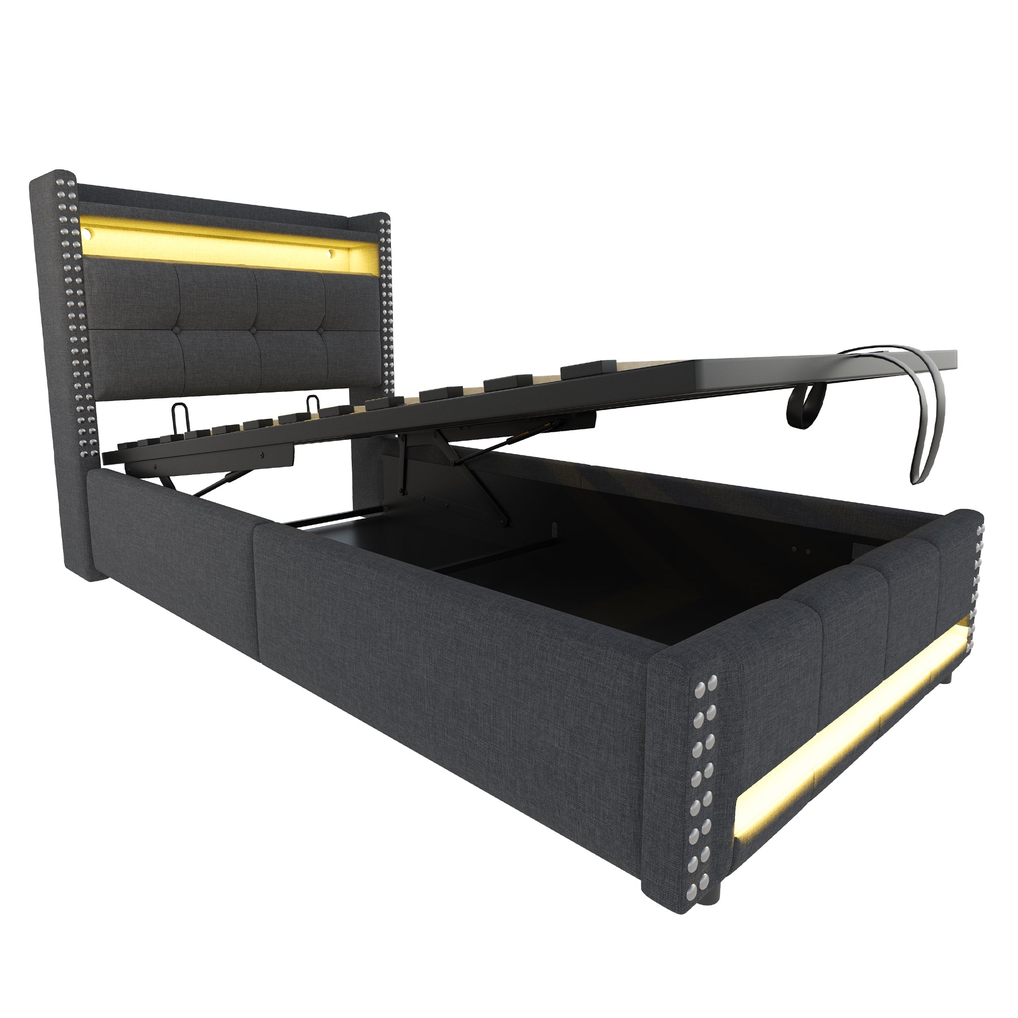 Linen Upholstered Single Bed with Storage, LED Lights & USB Charging