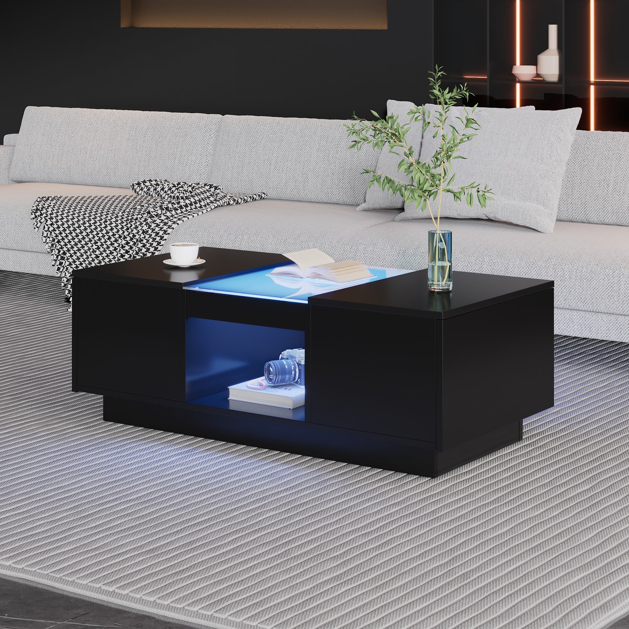 Black Coffee Table with Glass Panel, LED Lighting, App Control, 2 Drawers, 100x50x35.5 cm