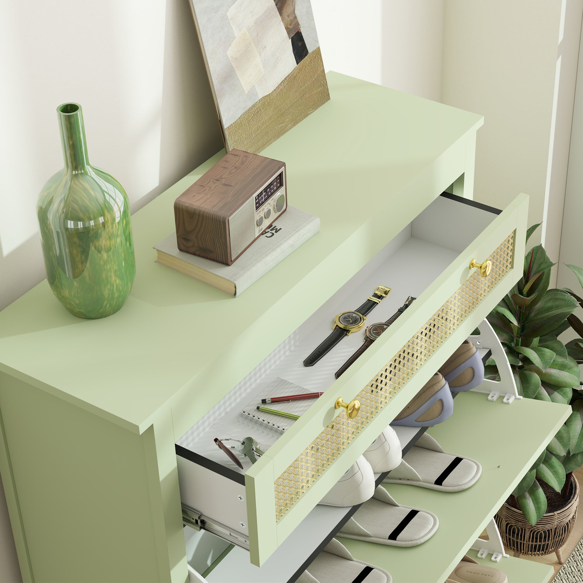 Shoe Cabinet with 2 Doors, Drawer, 12 Pairs, Green