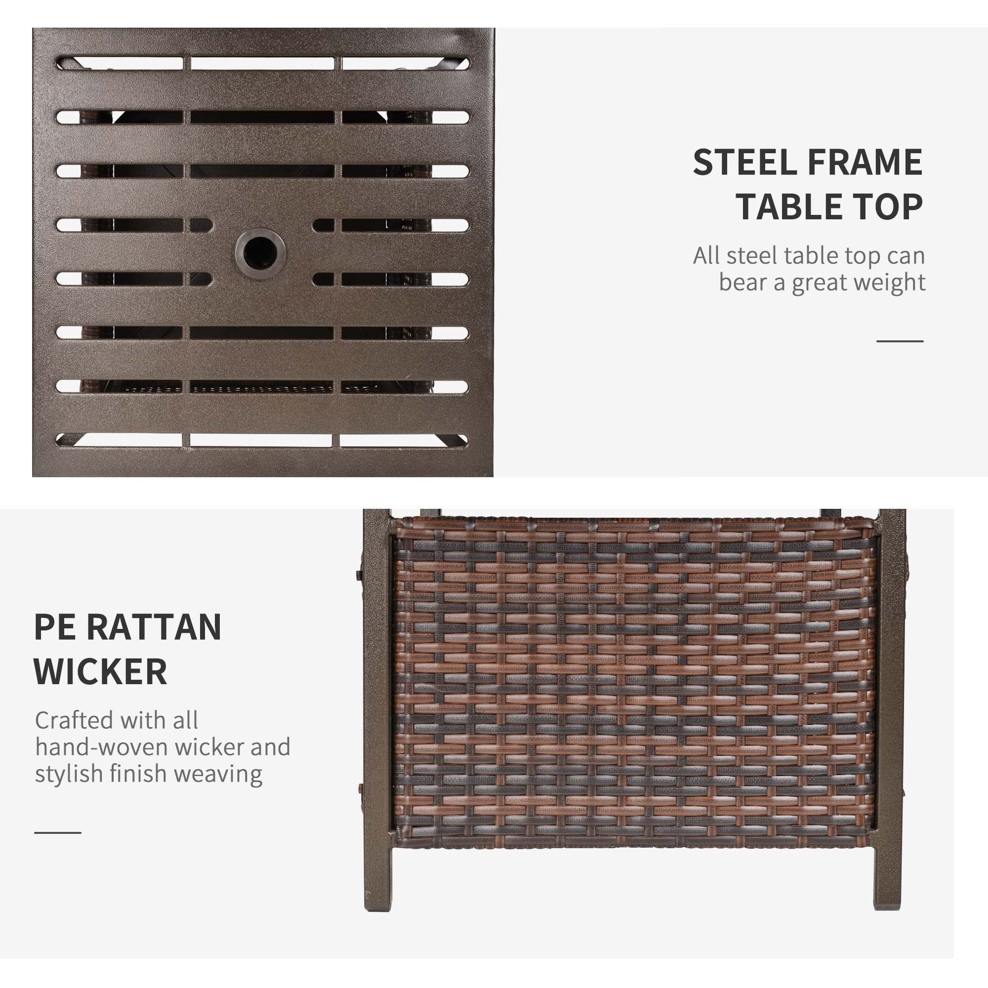 Rattan Garden Coffee Table, Square Side Table with Umbrella Hole, Brown Wicker