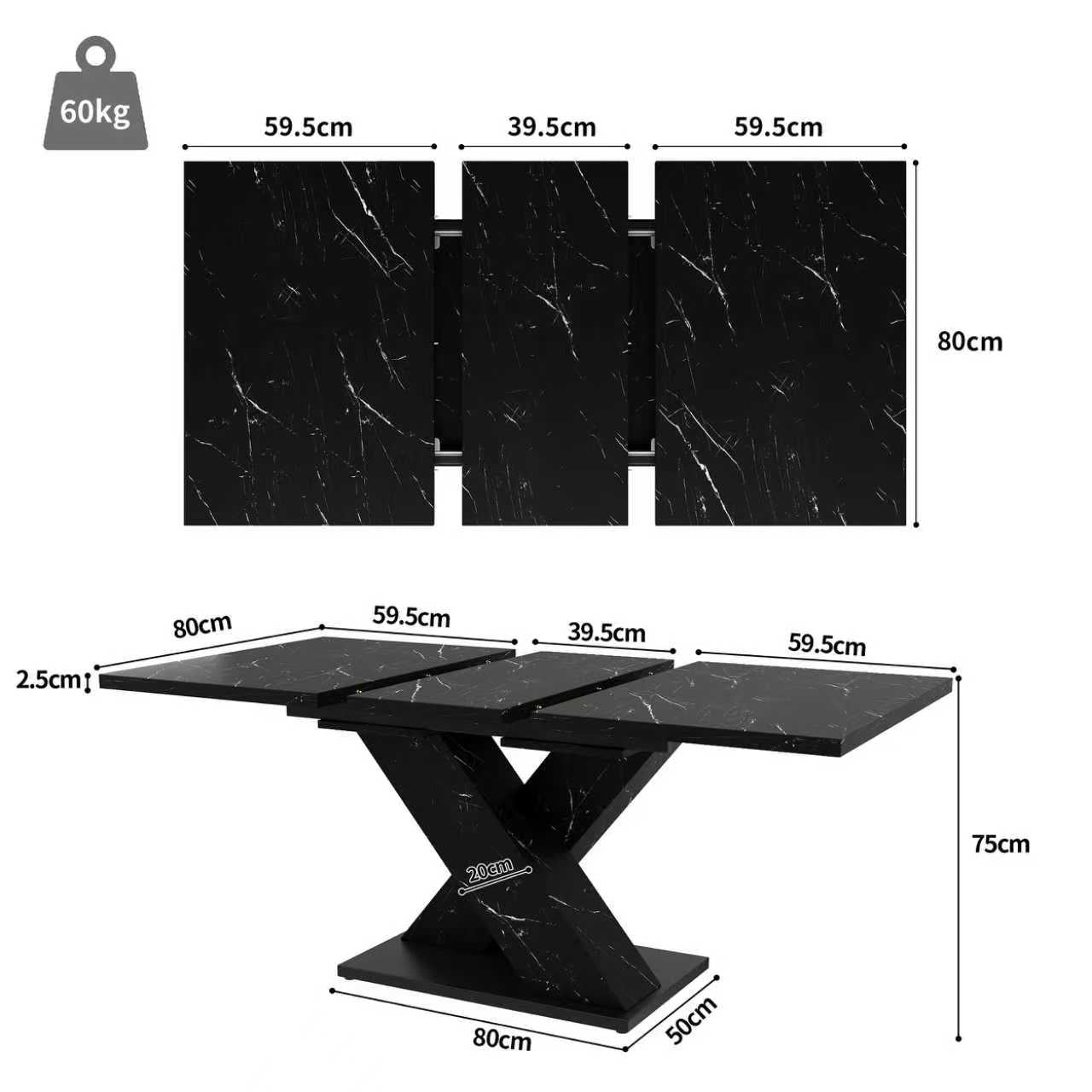 Extendable Dining Table with X-Design for 4-6 People, Black Marble Look