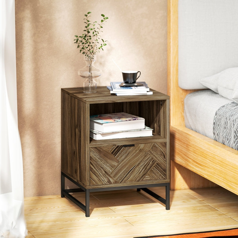 Bedside Table with Drawer and Shelf, Steel Legs, Brown Wood Effect