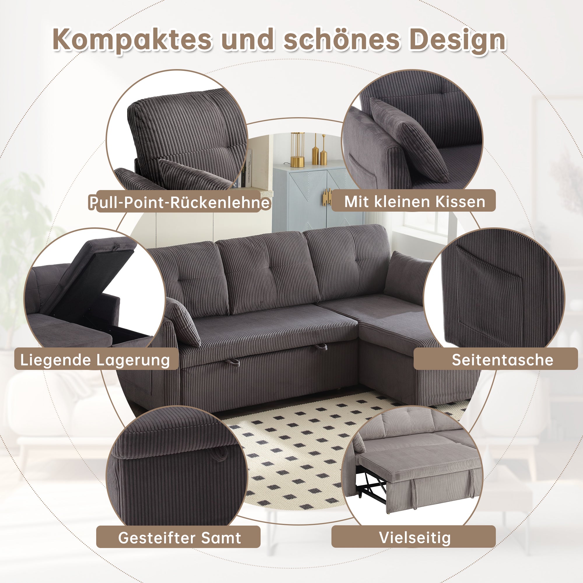Sofa Bed, Multi-functional with Storage & Pull-Out, Chaise Lounge Interchangeable, L-Shaped Modular