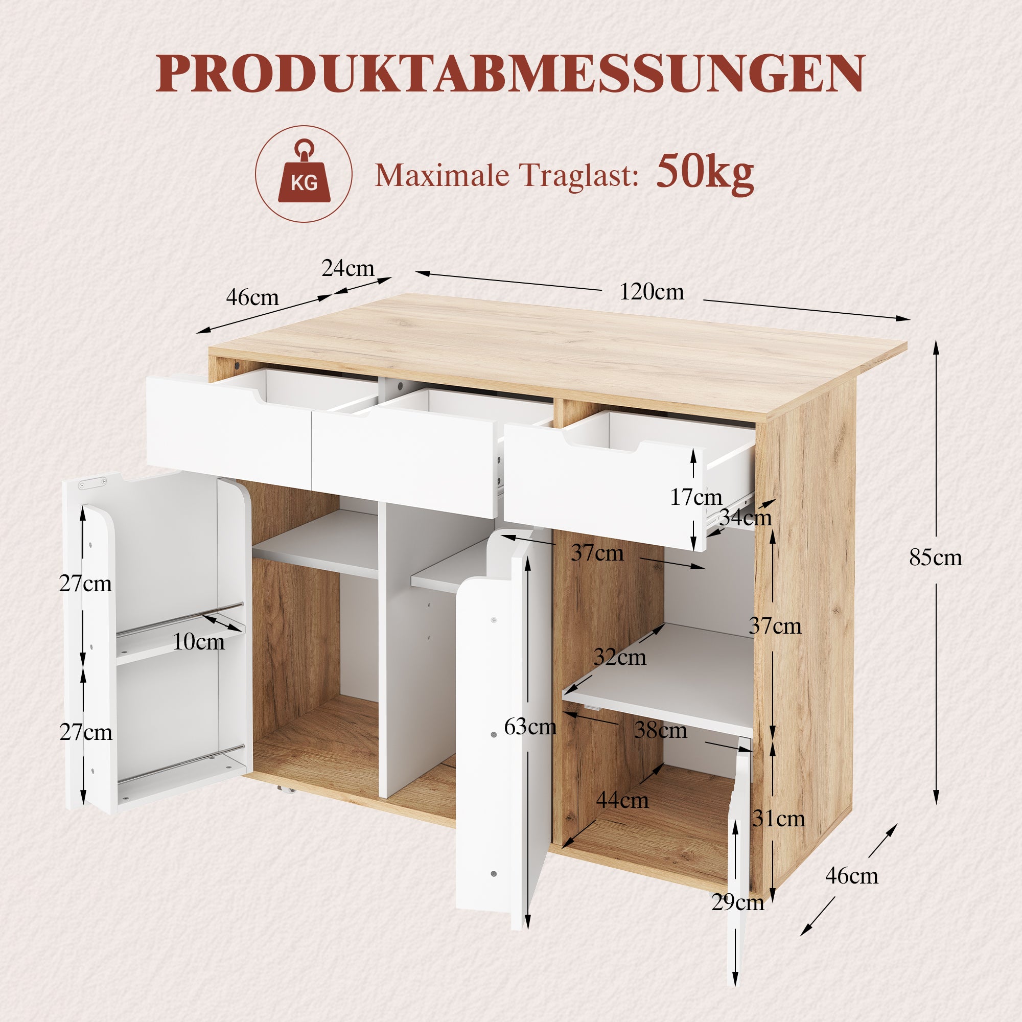 Modern Serving Trolley with 360° Swivel Casters and Storage, White and Wood