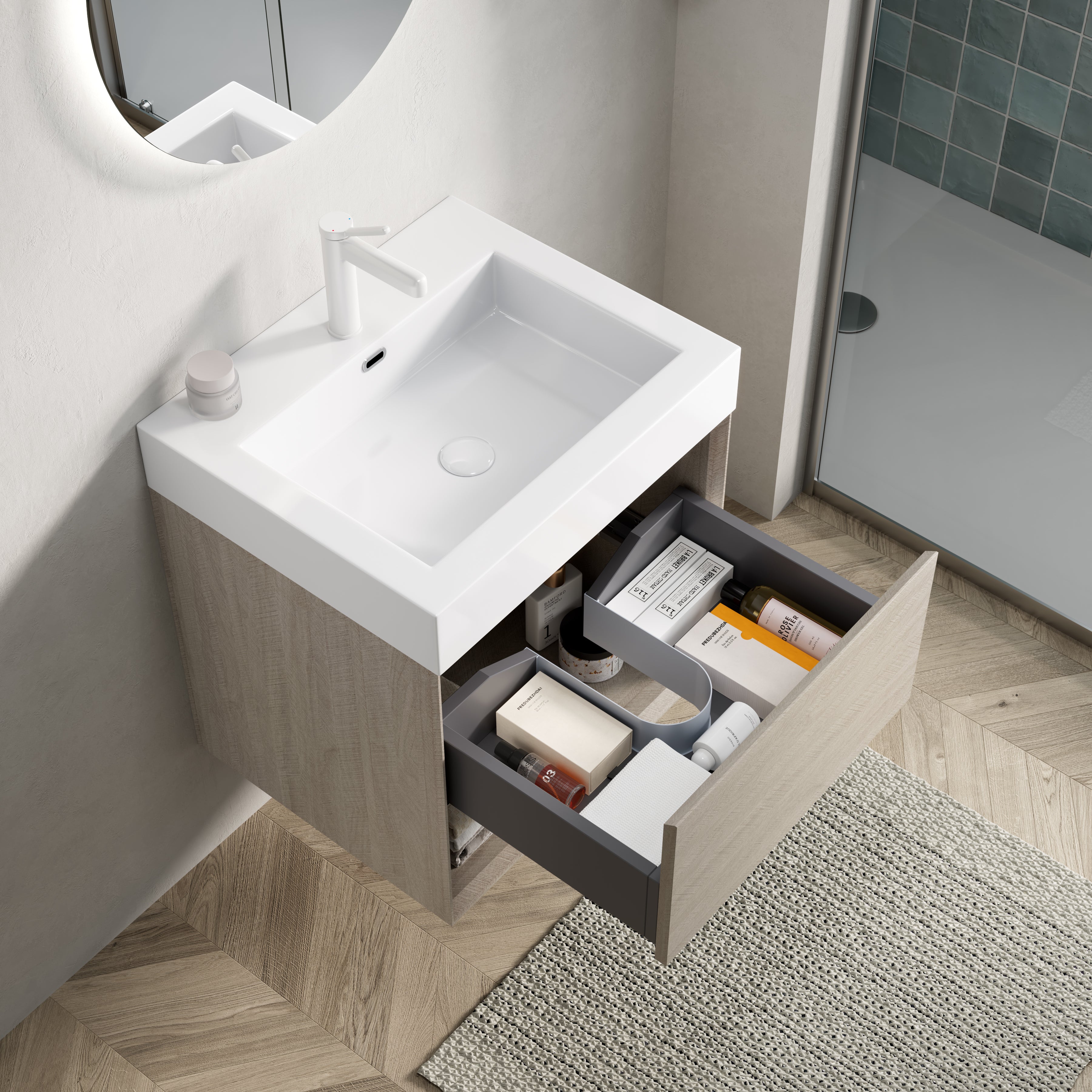 Wall-Mounted Bathroom Vanity Unit with Resin Basin and Storage, Light Oak Wood Grain Plywood