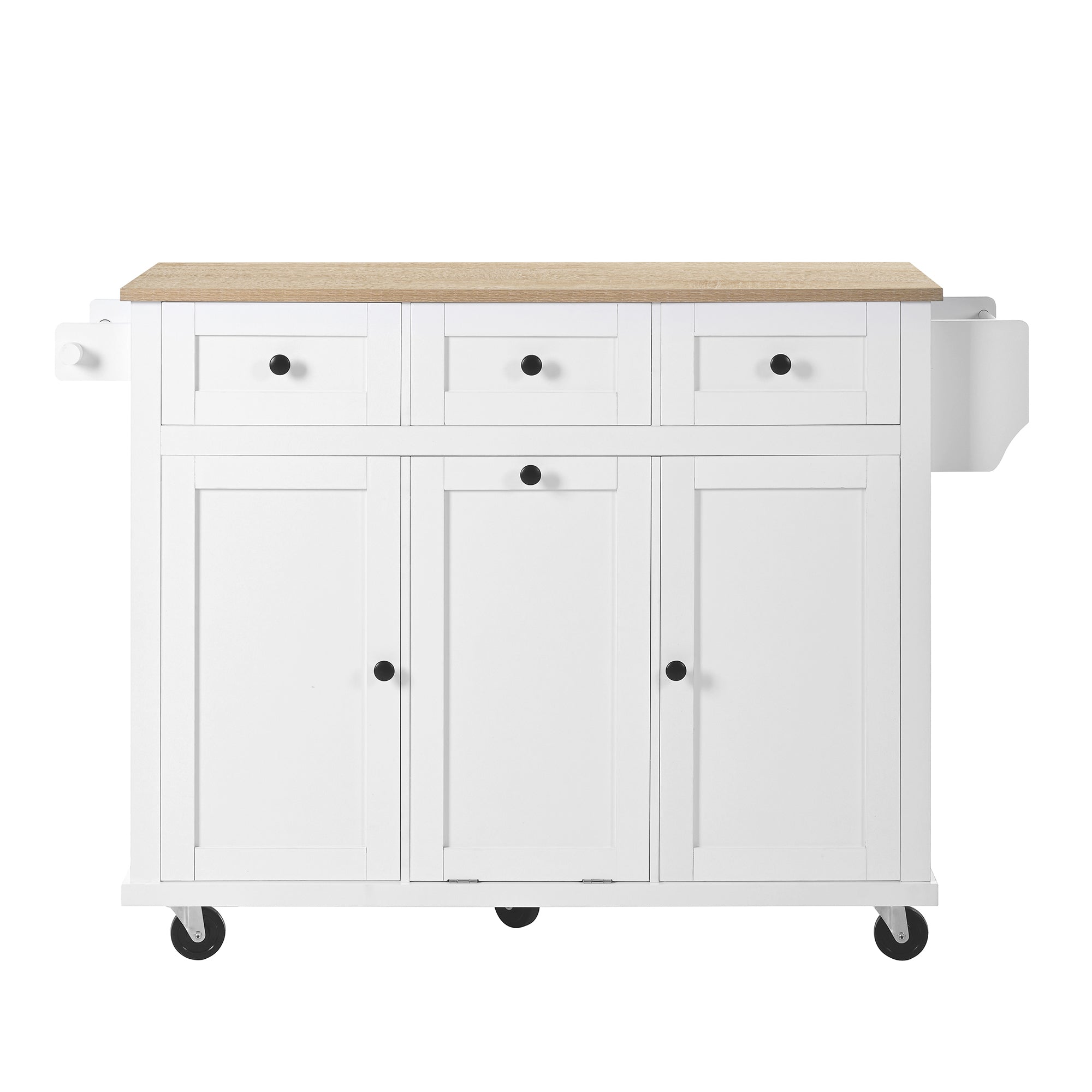 Mobile Kitchen Island Extendable Dining Area with Waste Bin & Drawers, White