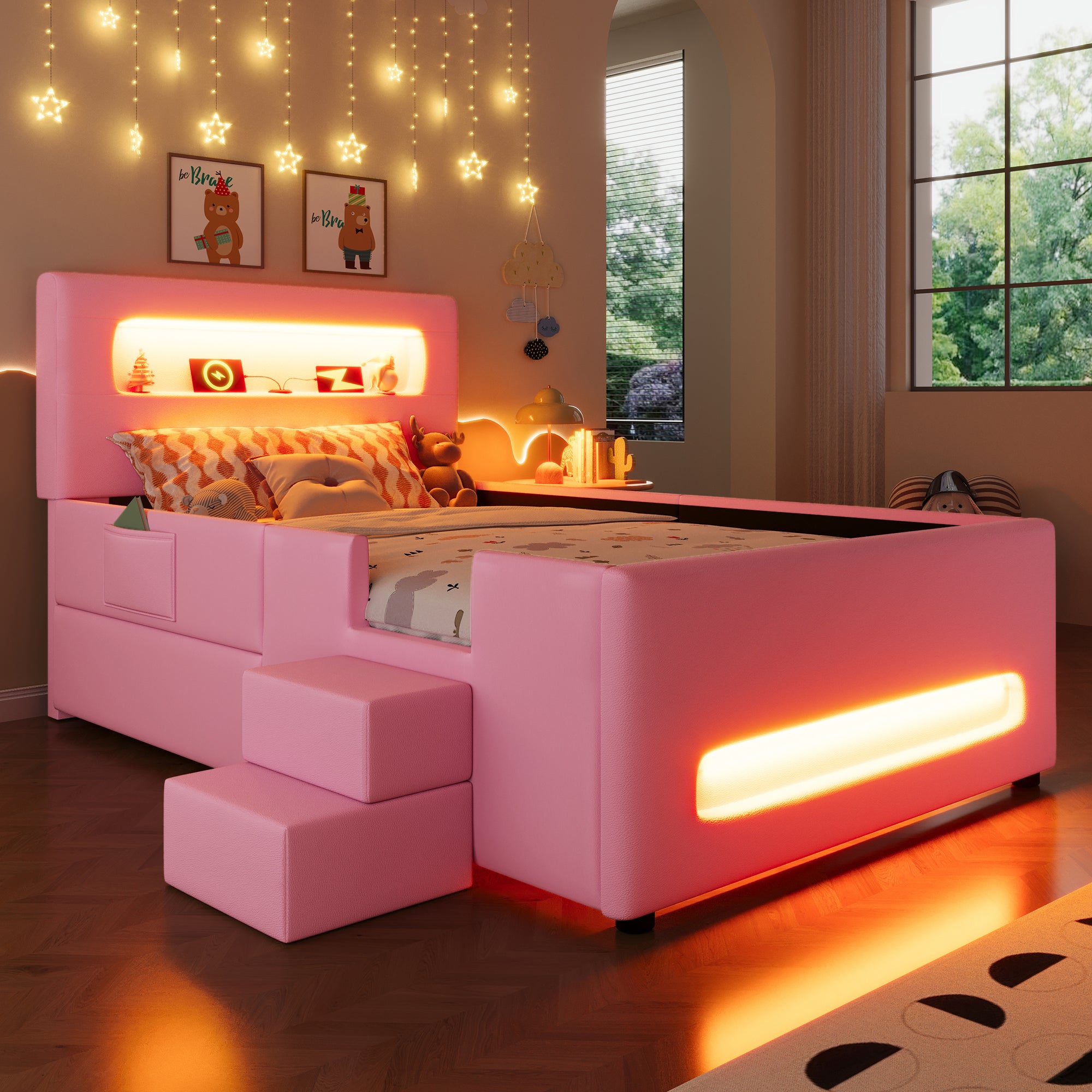 Upholstered Platform Bed 90x200cm Stairs Drawers LED USB Storage Pockets - Pink