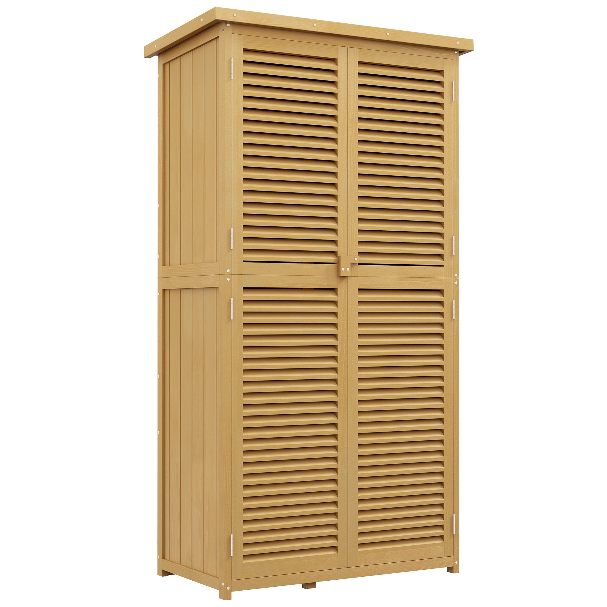 Garden Shed/Tool House, Asphalt Roof Louvered Door 4 Compartments, Wooden Light Yellow