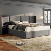 Upholstered Super King Size Bed 6ft (180*200cm) with Ottoman Lift Up, USB Connection, Sockets, and Two Bedside Tables, Velvet, Grey