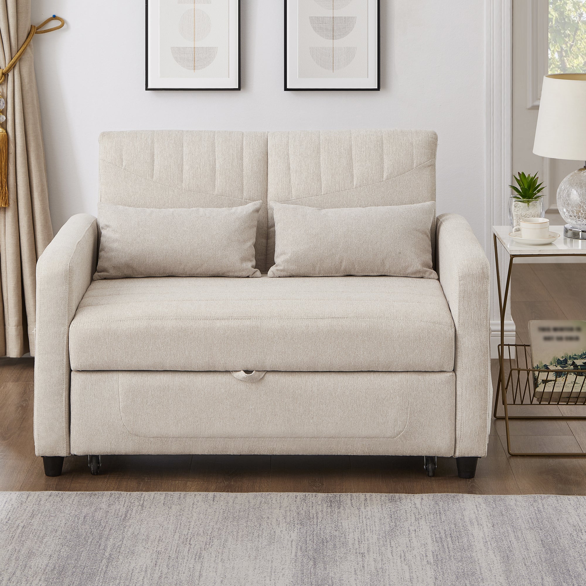 Sofa Bed, Two-seater Folding Extendable with Adjustable Backrest, Cotton Linen Fabric