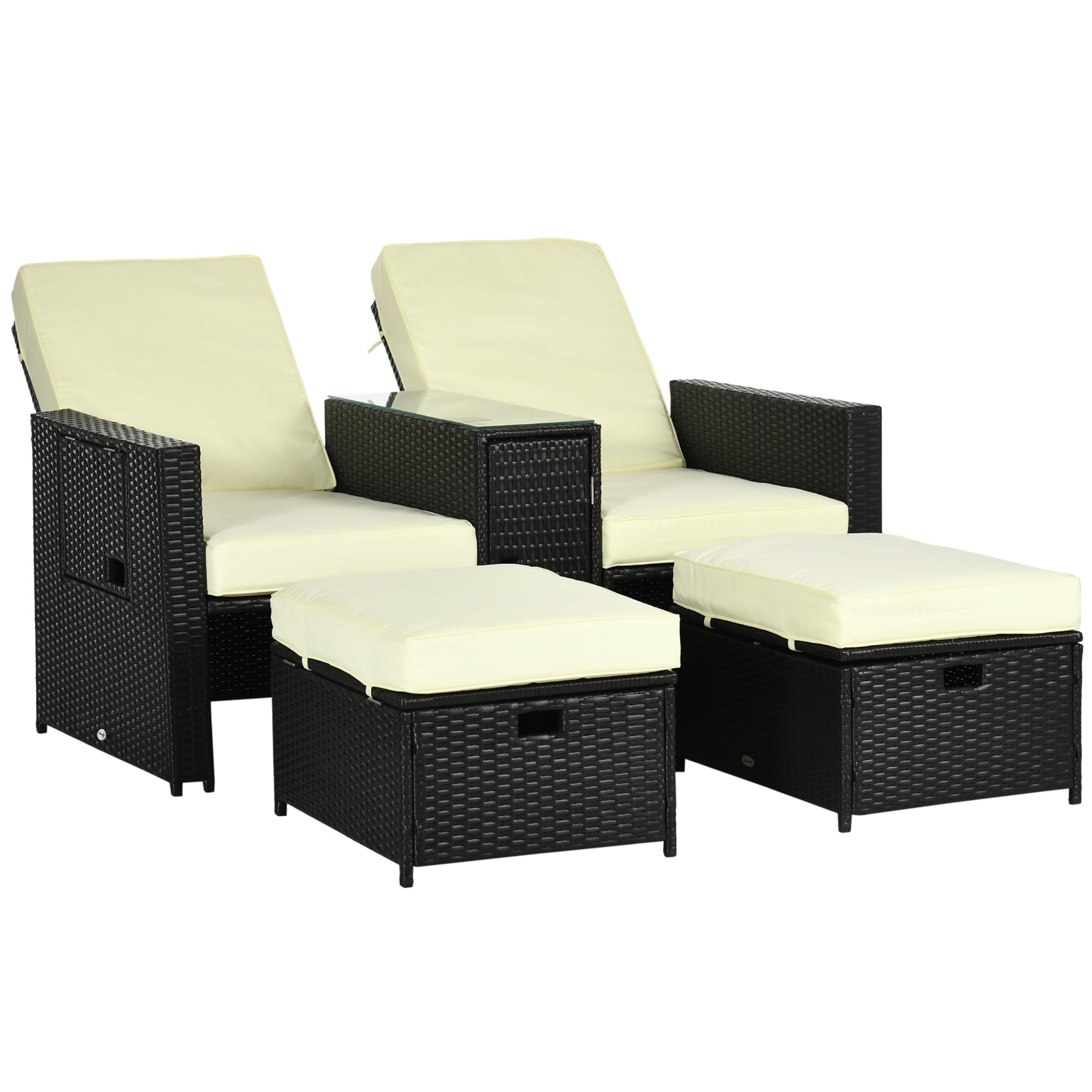 5PC Sun Lounger Set, 5-Level Adjustable Recliner with Storage and Side Table, PE Rattan Wicker Black