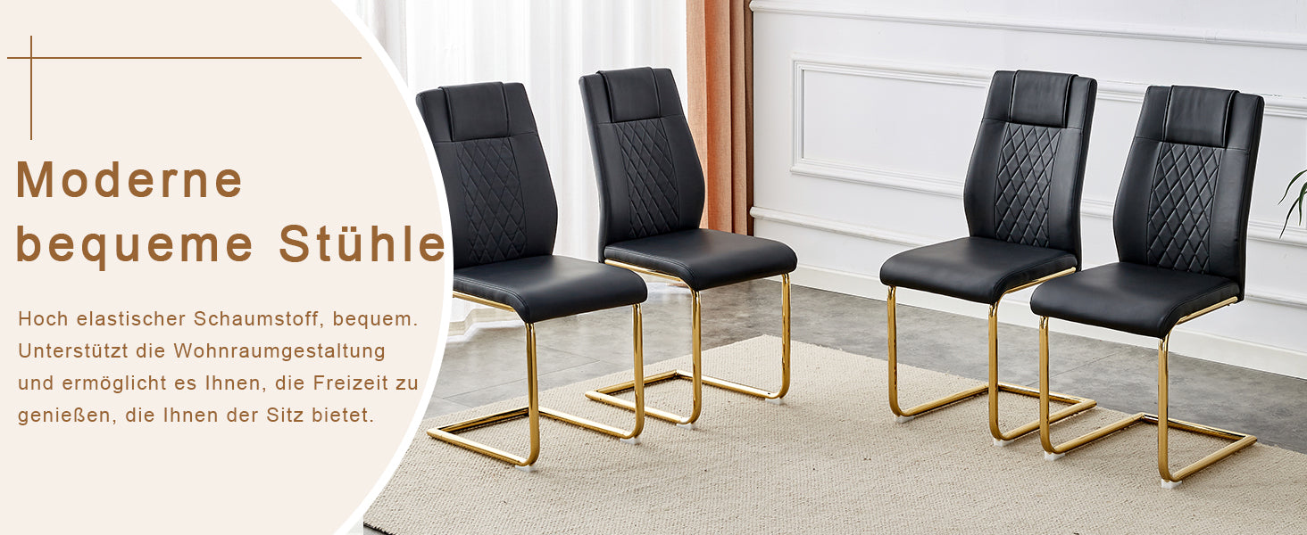 Scandinavian Dining Chairs, Mesh Backrest, Gold Metal Legs, Black PU Leather