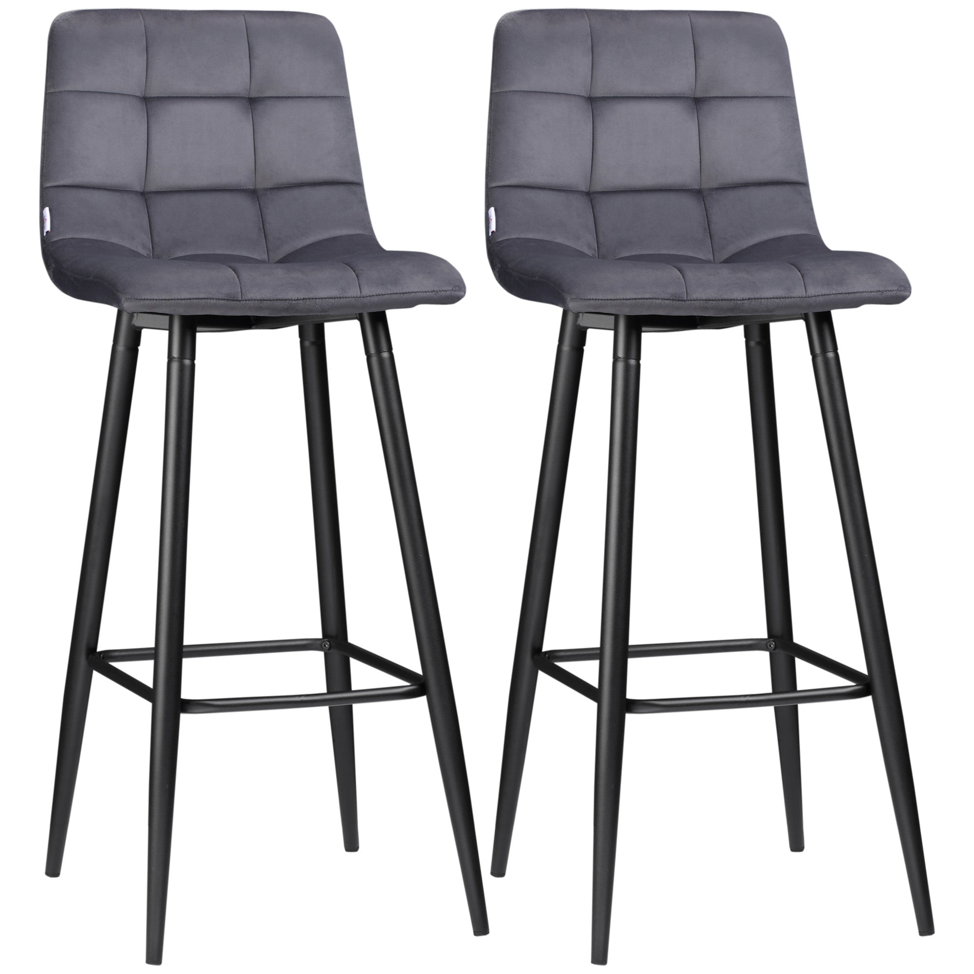 Bar Stools Set of 2 Modern Design Velvet Upholstery Steel Legs, Grey