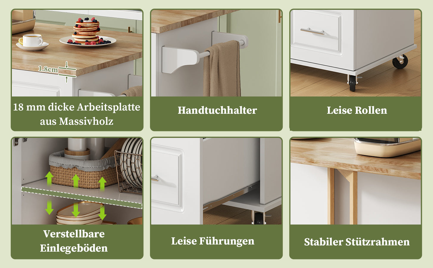 Mobile Kitchen Table with Foldable Oak Worktop and 3 Drawers, Oak and White
