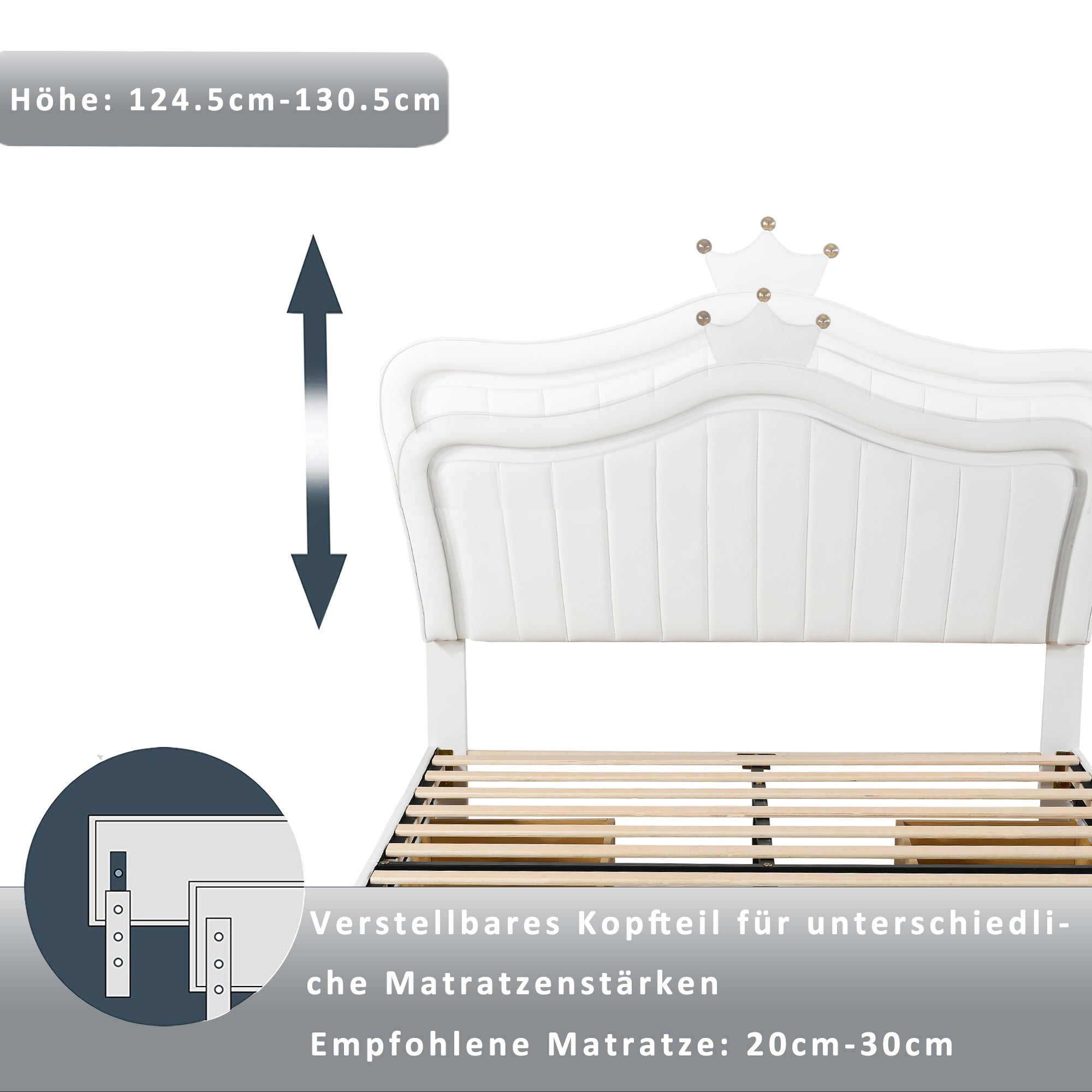 Children's Bed Upholstered with Storage Drawers & LED Lights, White PU Leather