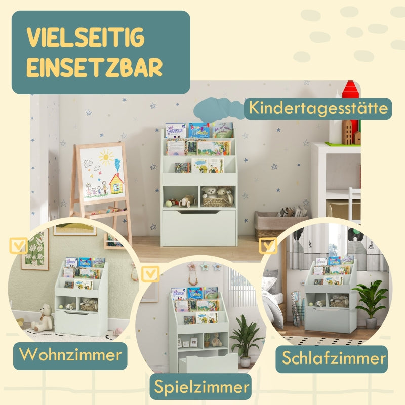Children's Bookcase with Drawer, 3 Shelves, 2 Open Compartments, Light Green