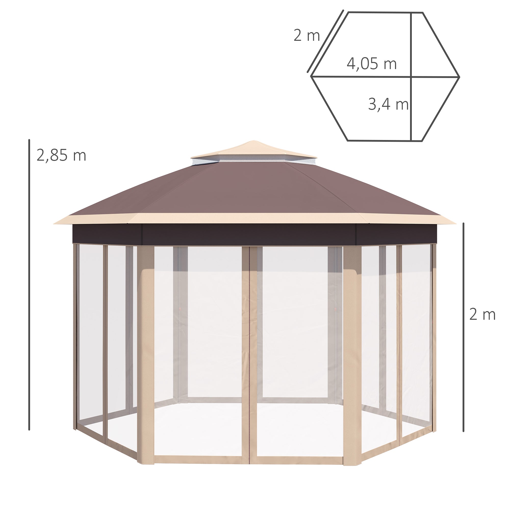 Pop-up Folding Pavilion, Hexagonal 4x4m Water UV-Resistant Double Roof, Polyester Beige/Khaki
