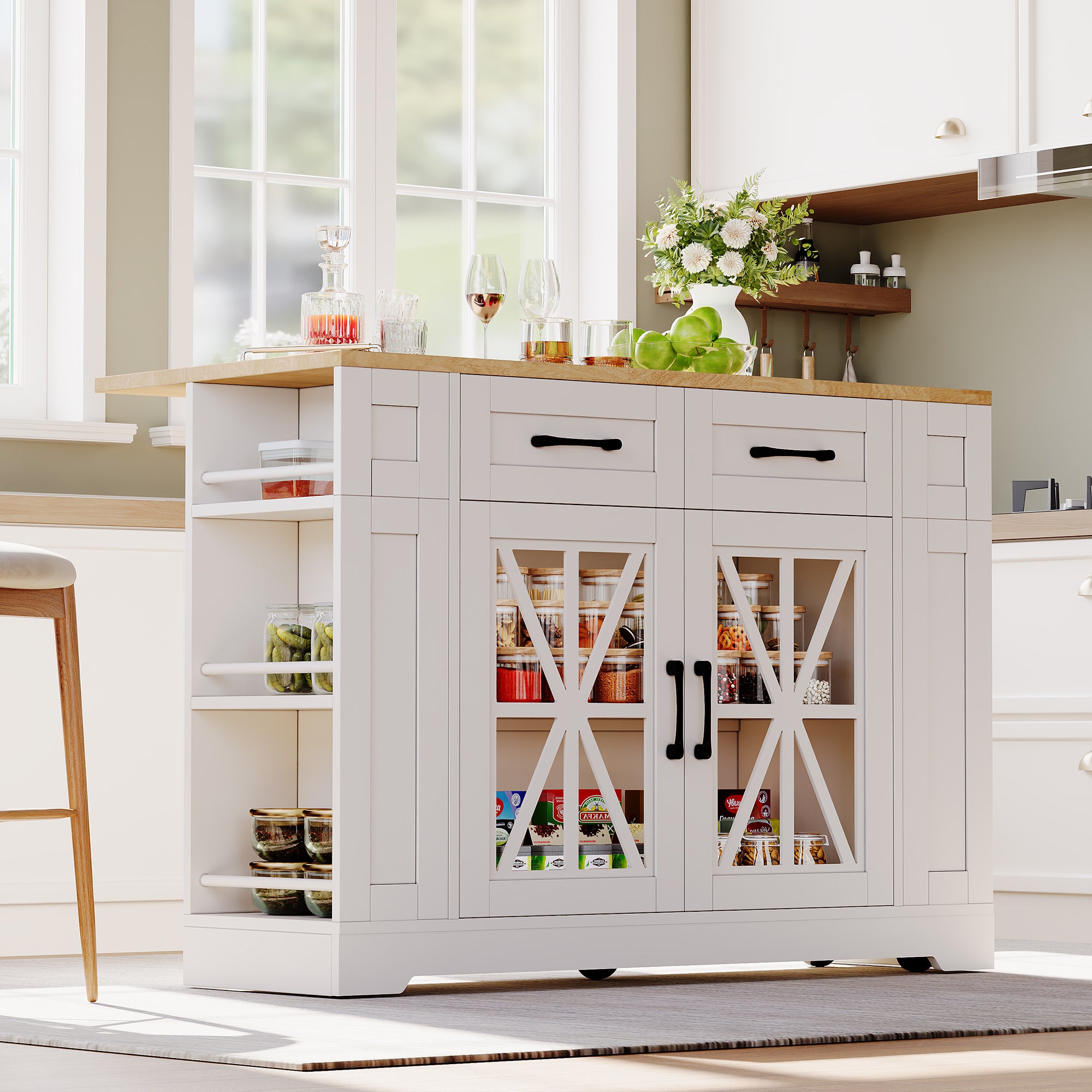 Portable Kitchen Island 120cm Folding Dining Table USB Charging Storage on Casters