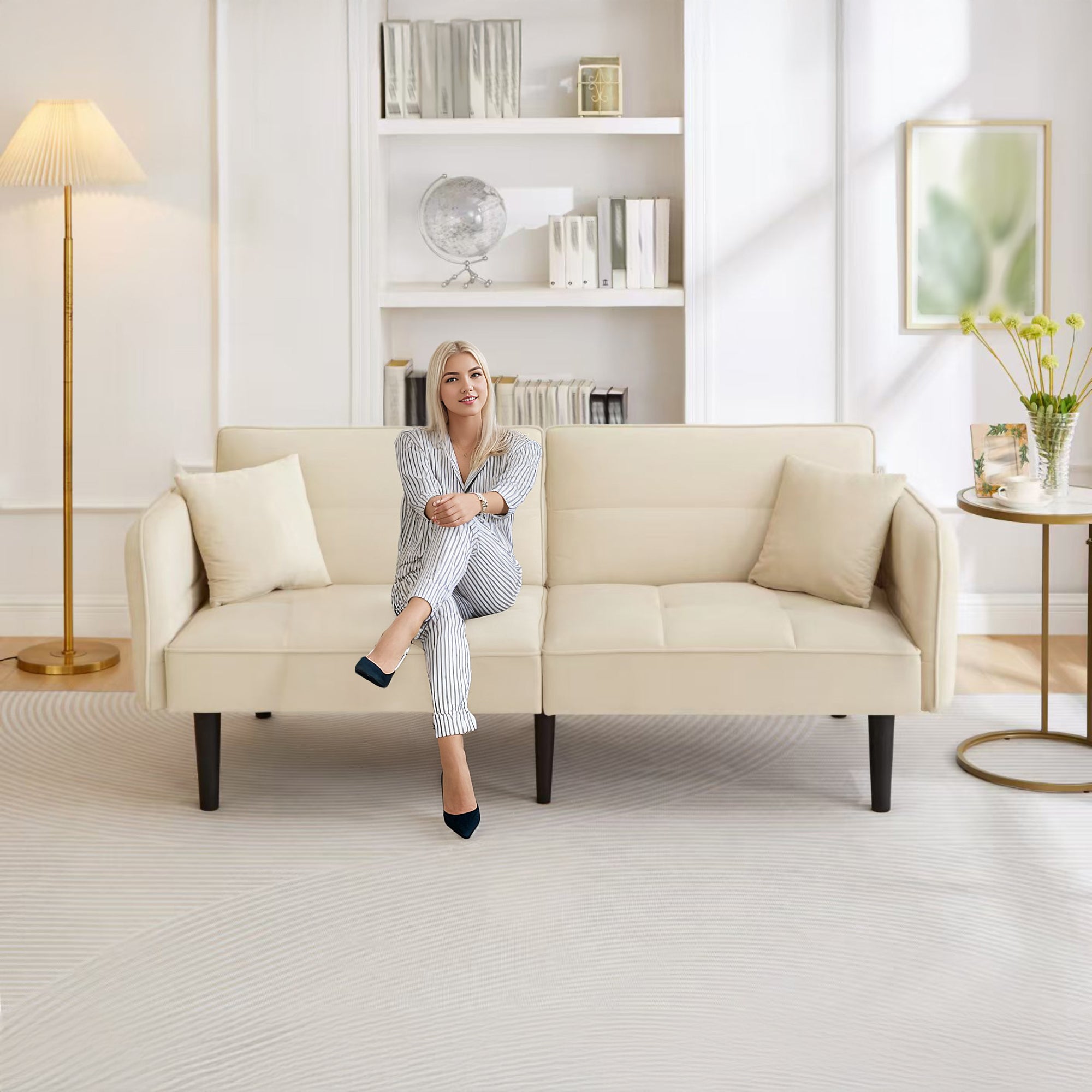 2-in-1 Adjustable Sofa Bed, Two-seater with Folding Armrests and Sleeping Function, Velvet