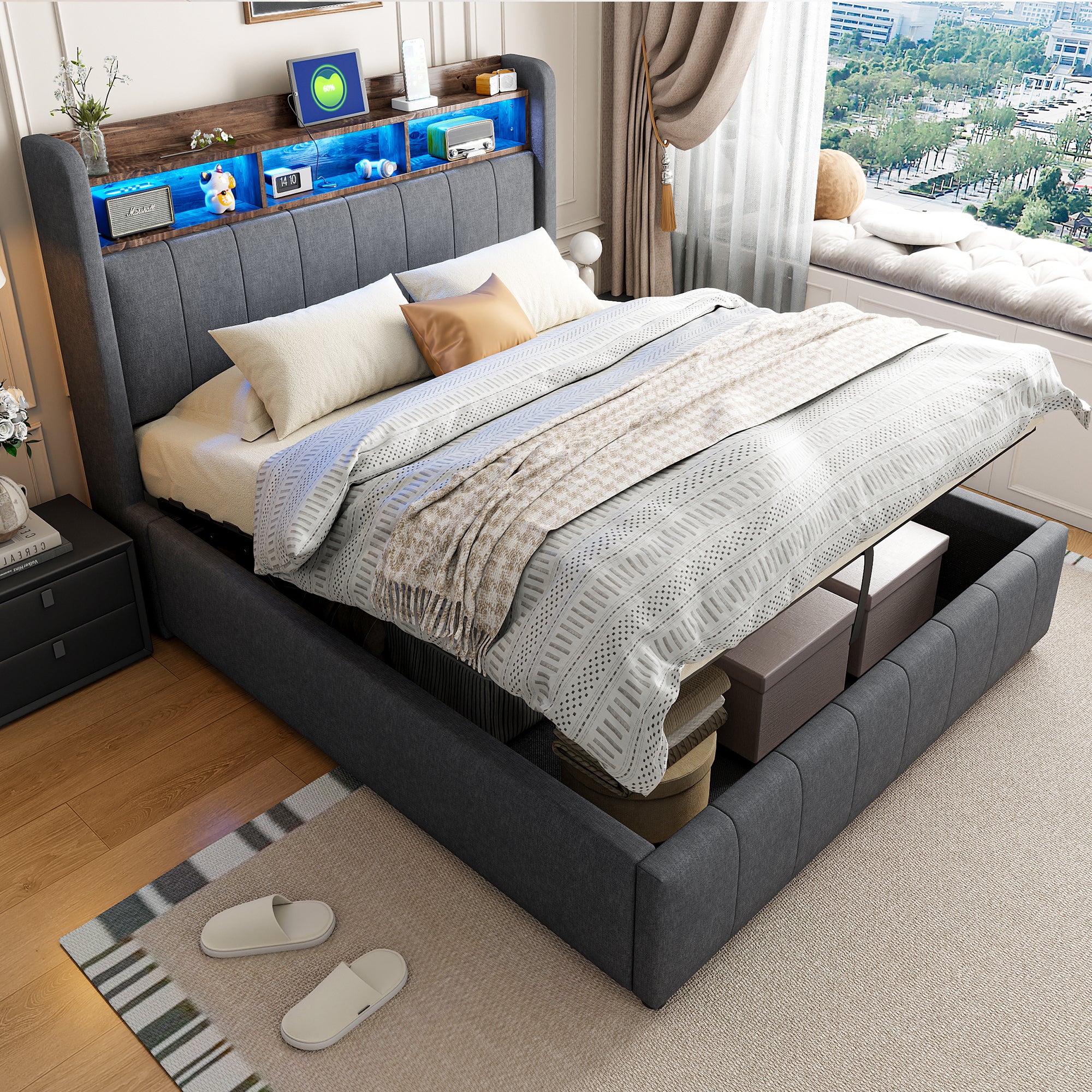 Upholstered Bed 140x200cm, LED & USB, Hydraulic Storage, Grey Linen