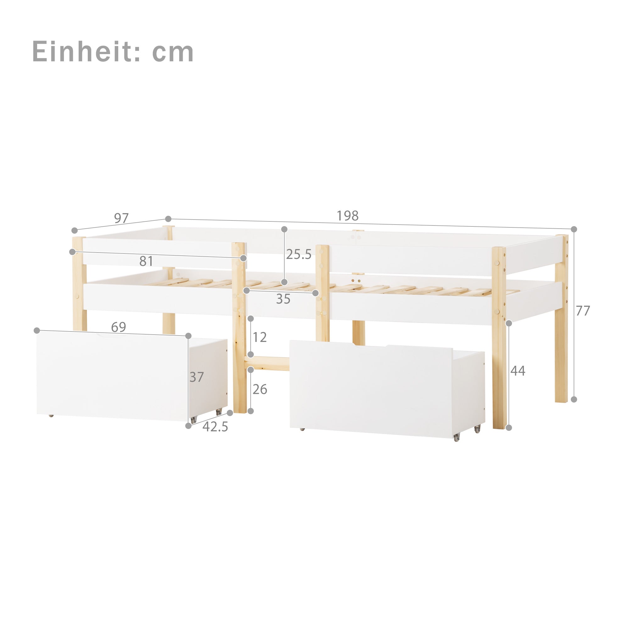 Children's Bed with Drawer & Fall Protection, 90x190cm, Solid Pine Wood, White & Oak