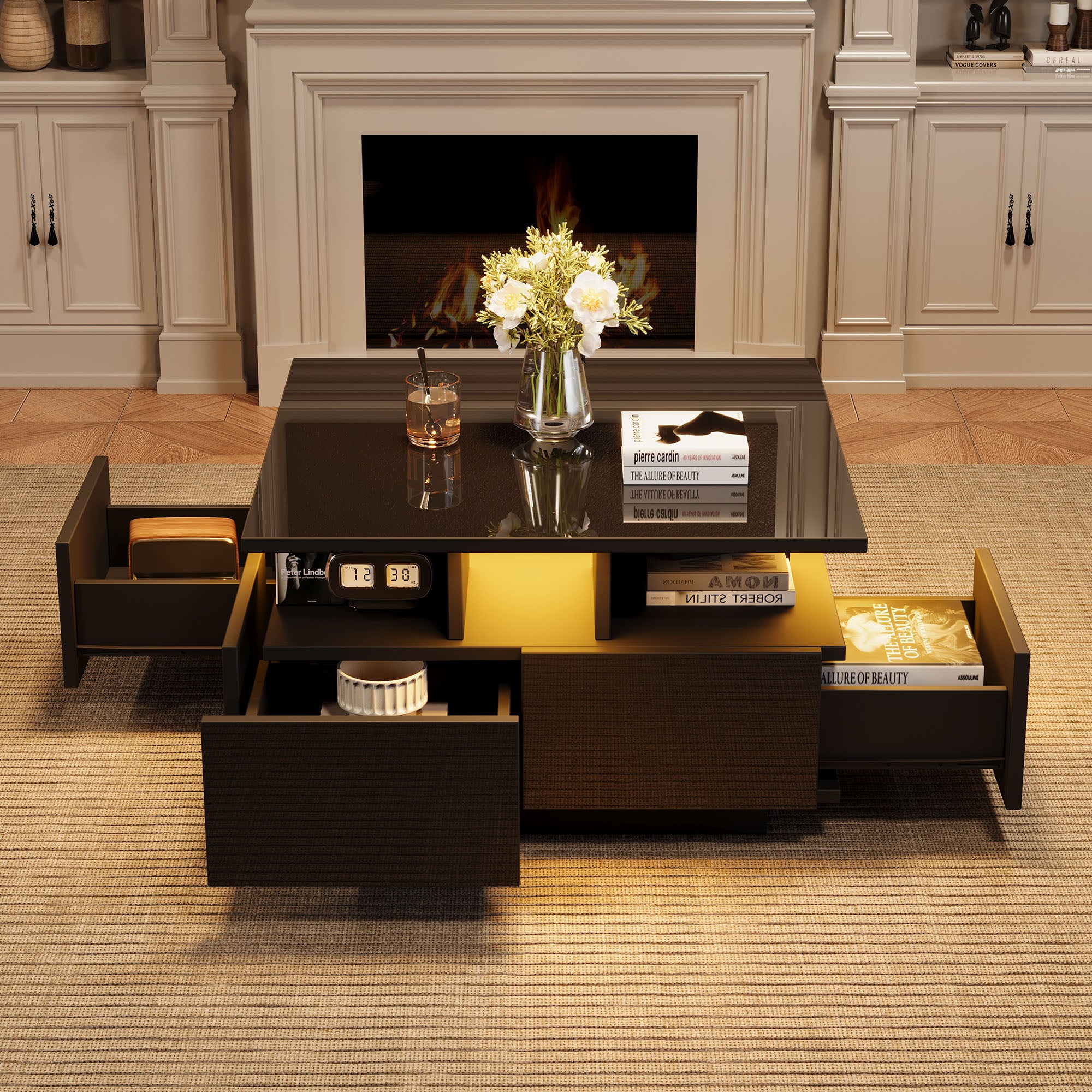 Coffee Table, High-Gloss LED with 4 Drawers, Geometric Design, Black