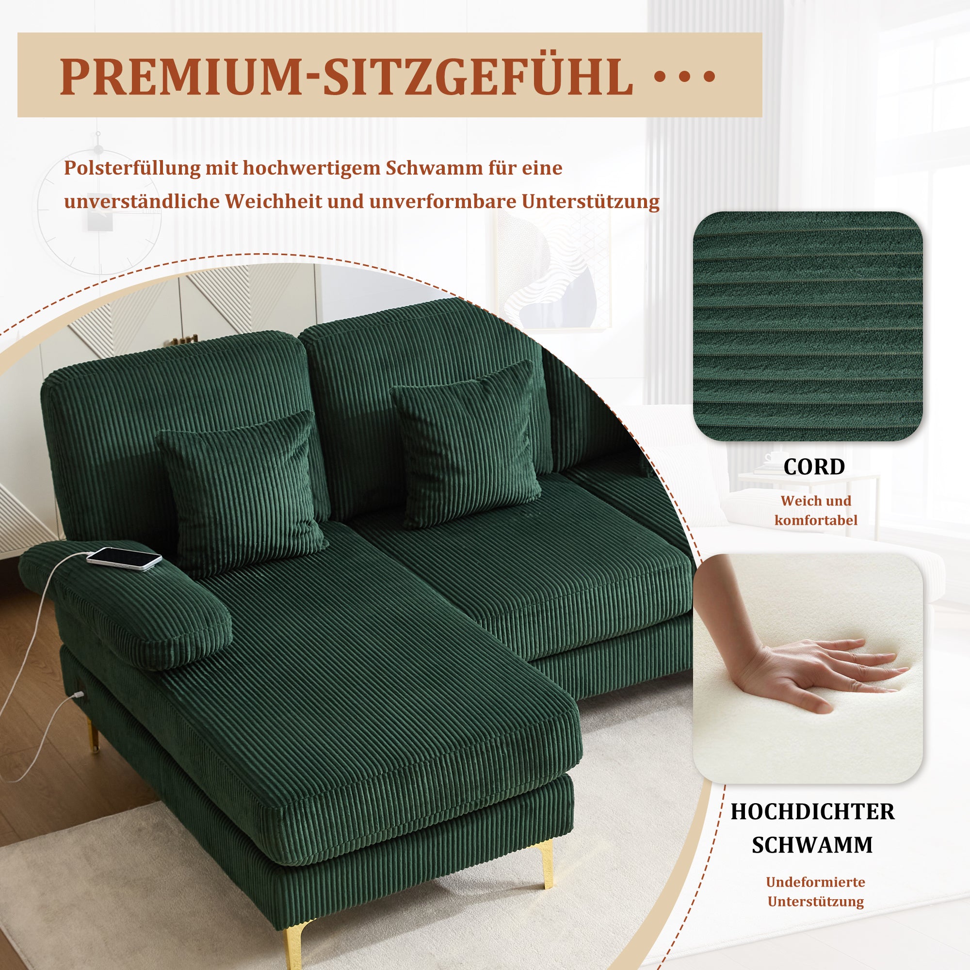Sofa, U-Shaped with LED & USB-C, Dark Green