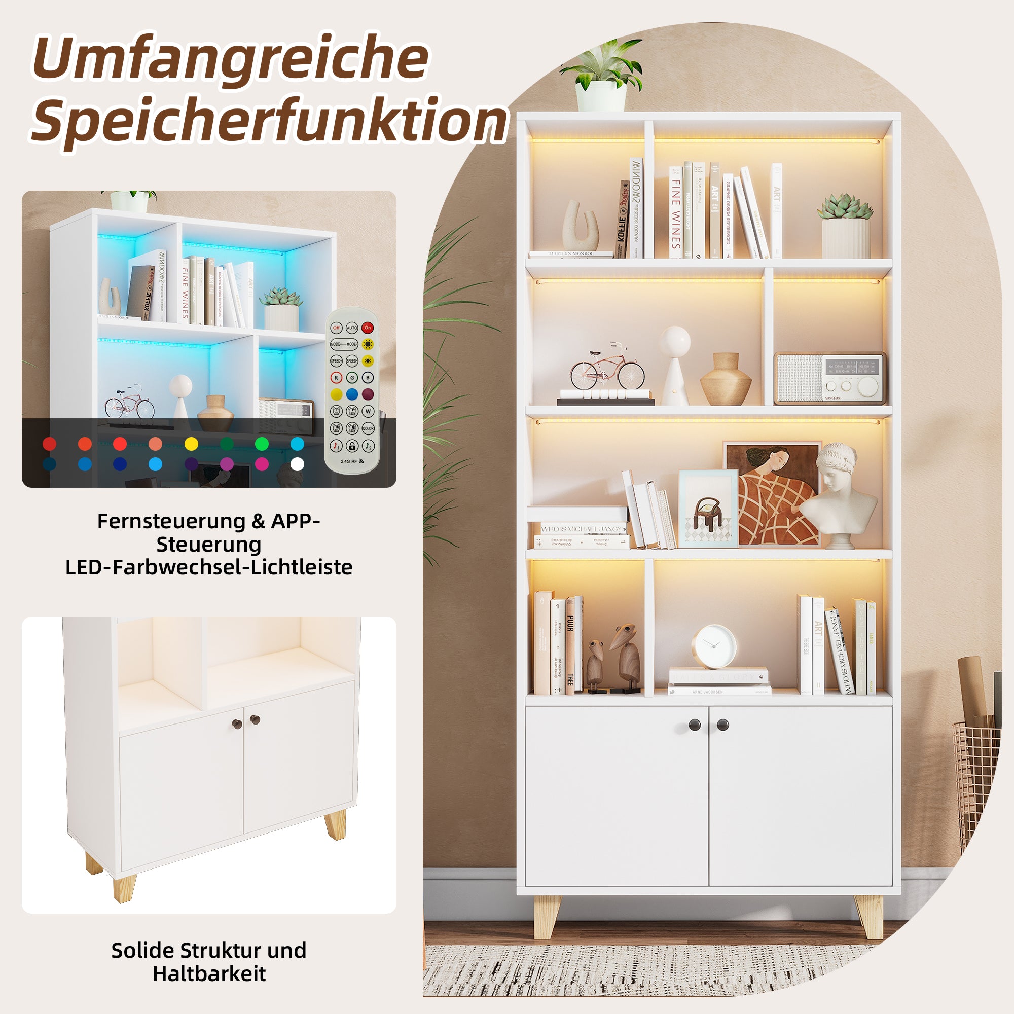 Bookshelf with Solid Wood Legs and LED Ambient Light, White