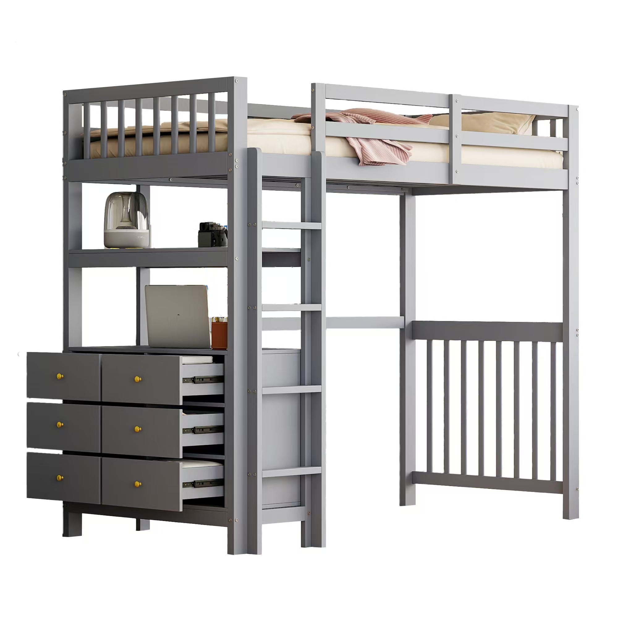 Loft Bed, 90x200cm with Ladder, Drawers, Shelves, Slatted Frame, Pinewood, Grey