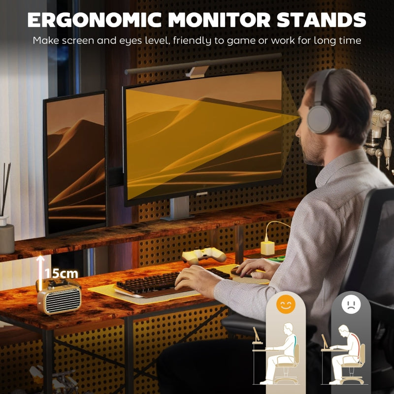 LED Light 'L' Computer Desk, Shelves - Brown