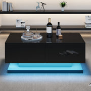 Coffee Table, High-Gloss with 2 Drawers & LED Lighting, Black
