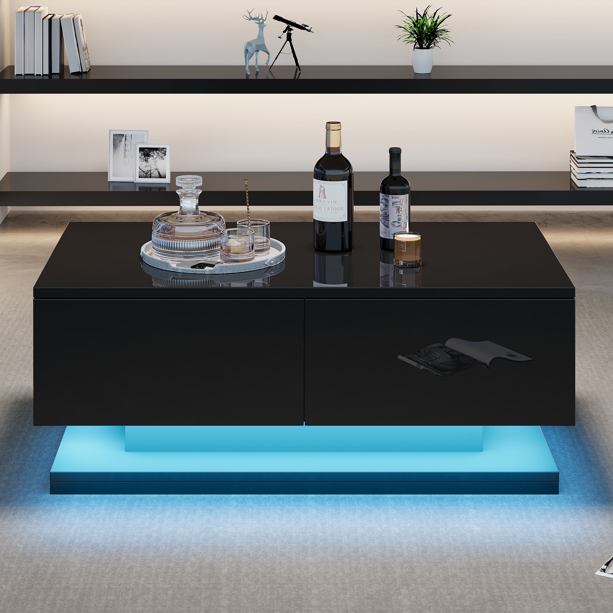 Coffee Table, High-Gloss with 2 Drawers & LED Lighting, Black