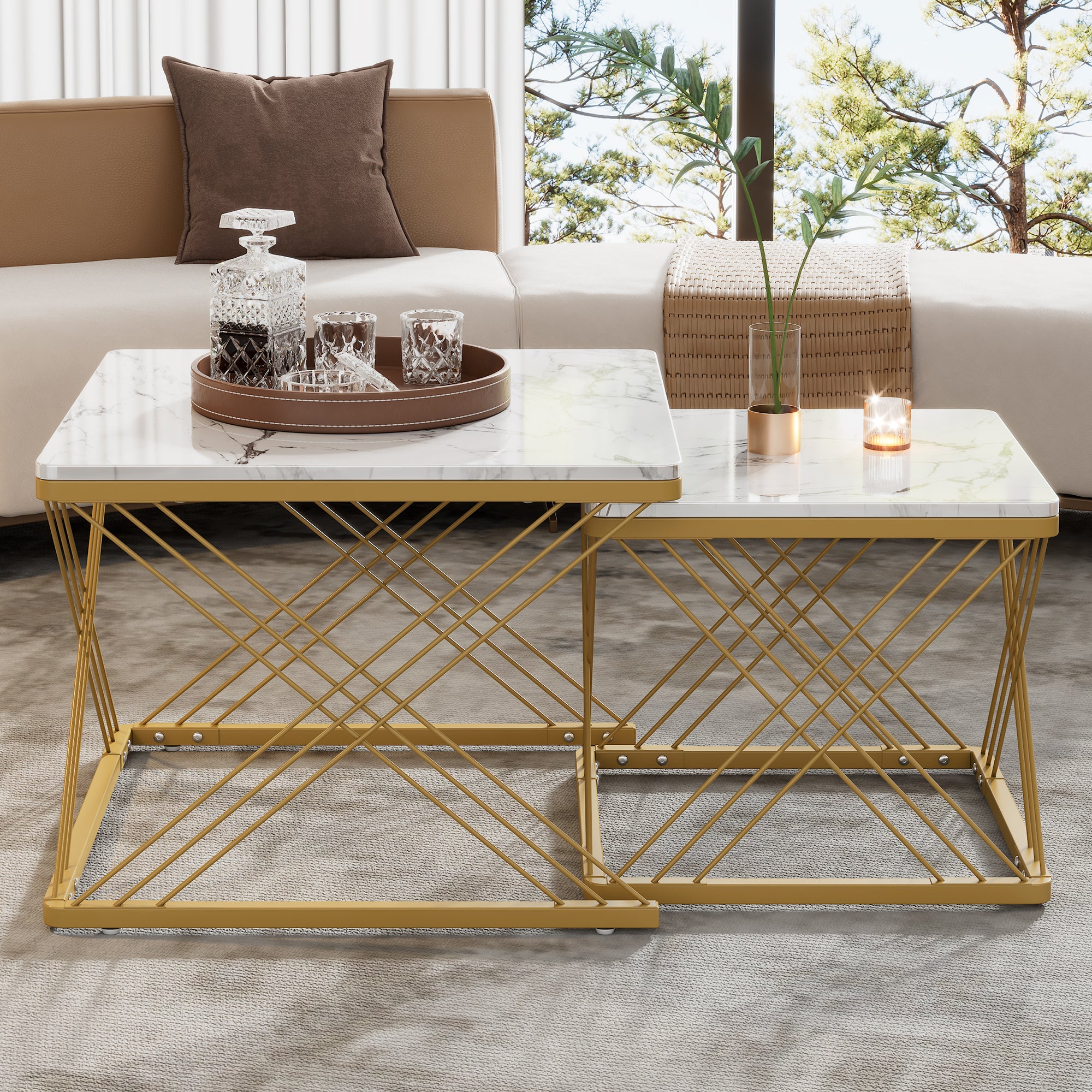 Stylish 2-Piece Coffee Table Set, Square, Adjustable, High-Gloss Marble Look