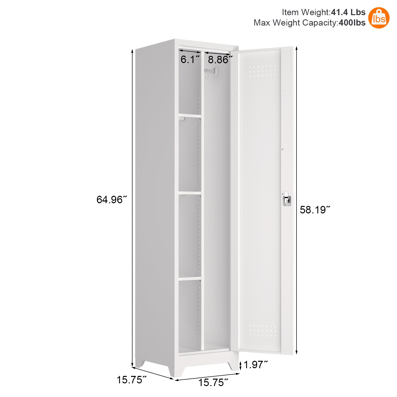 Slim Broom Storage Cabinet with Shelves, Hanging Rod and Locking Door, Metal