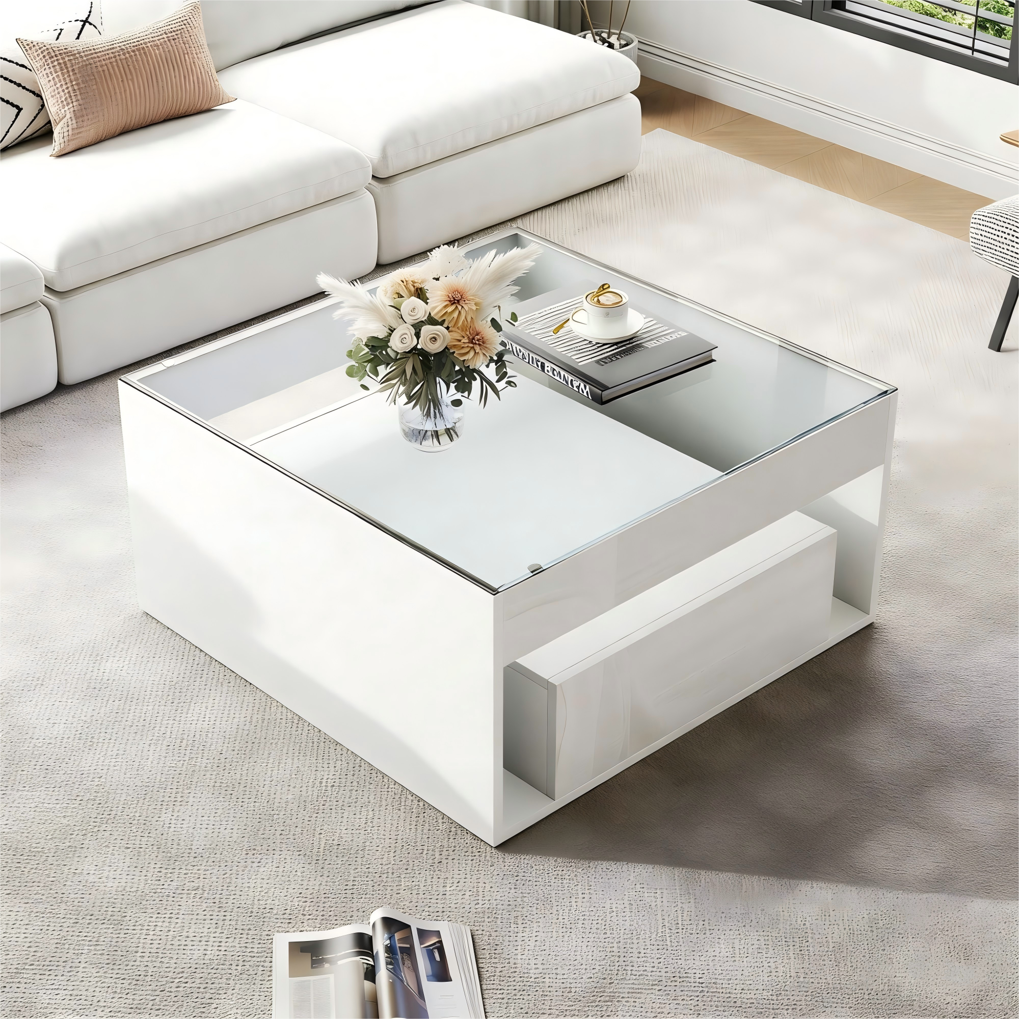 Coffee Table 70x70x35cm High-Gloss LED 2 Drawers Tempered Glass White