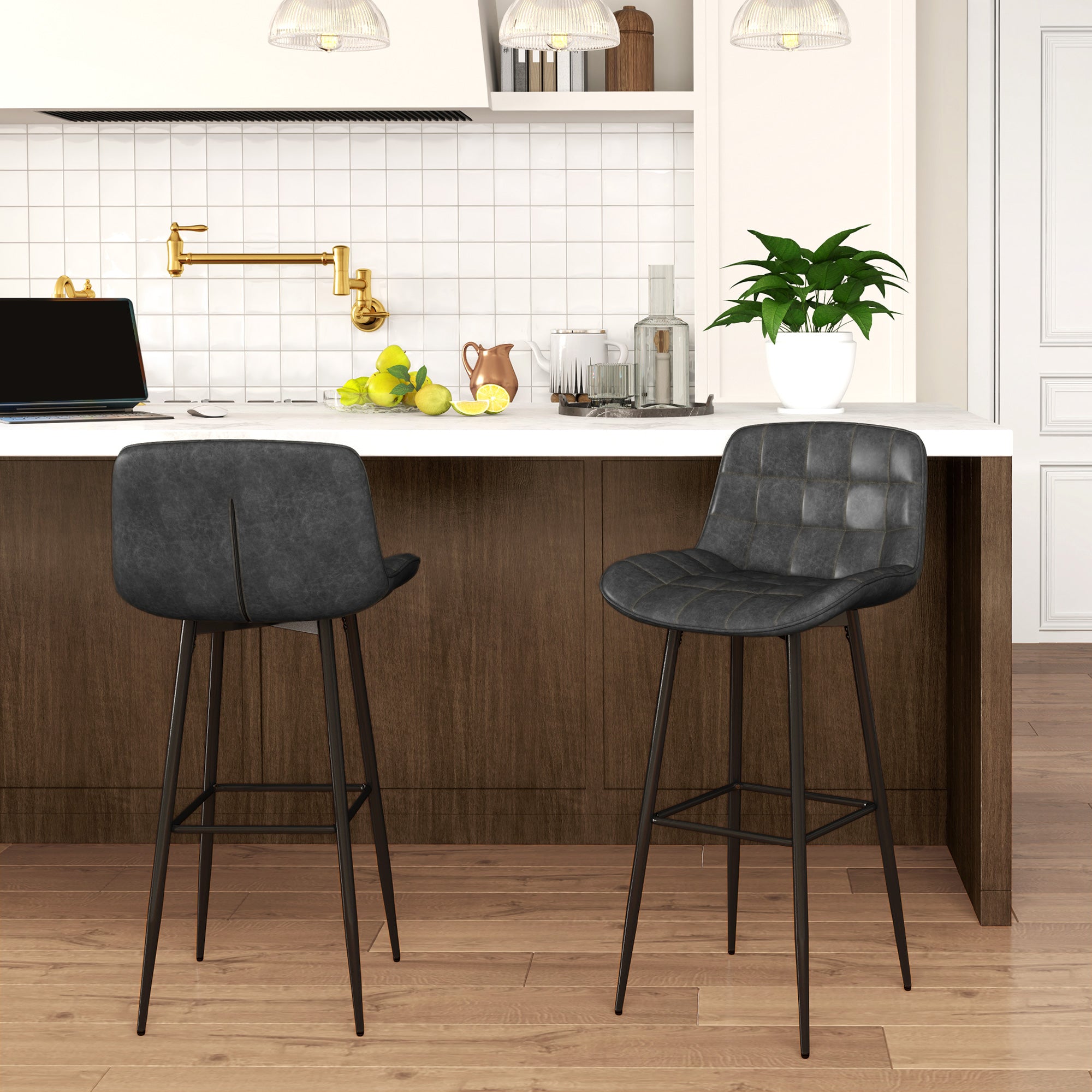 Bar Stools, Set of 2, Swivel, Footrest, Dark Grey