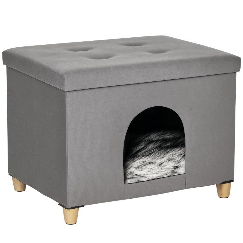PawHut 2-in-1 Cat Cave Footstool with Cushion, Cat House, Cat Basket, Plush Grey